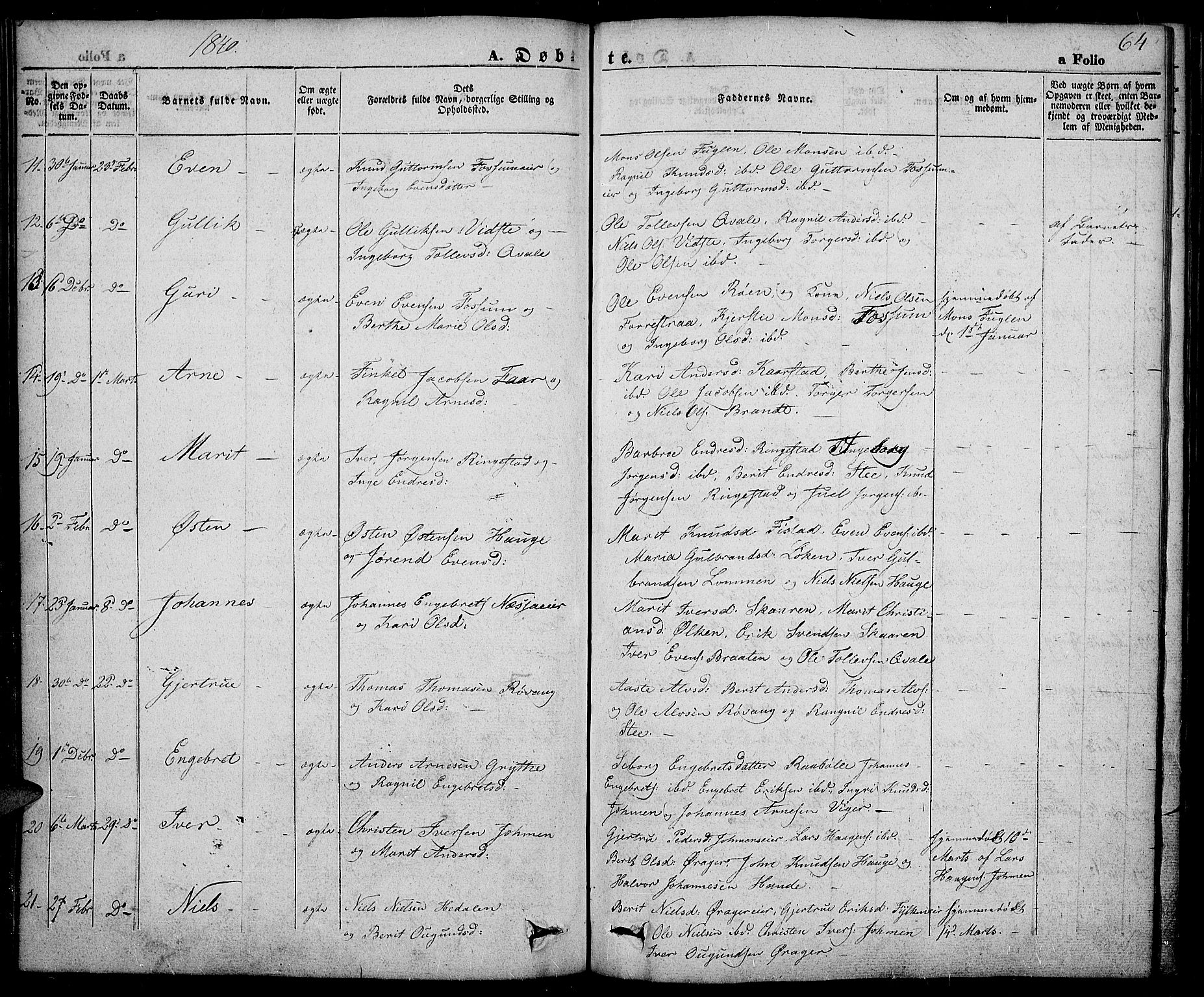 Slidre prestekontor, SAH/PREST-134/H/Ha/Haa/L0003: Parish register (official) no. 3, 1831-1843, p. 64