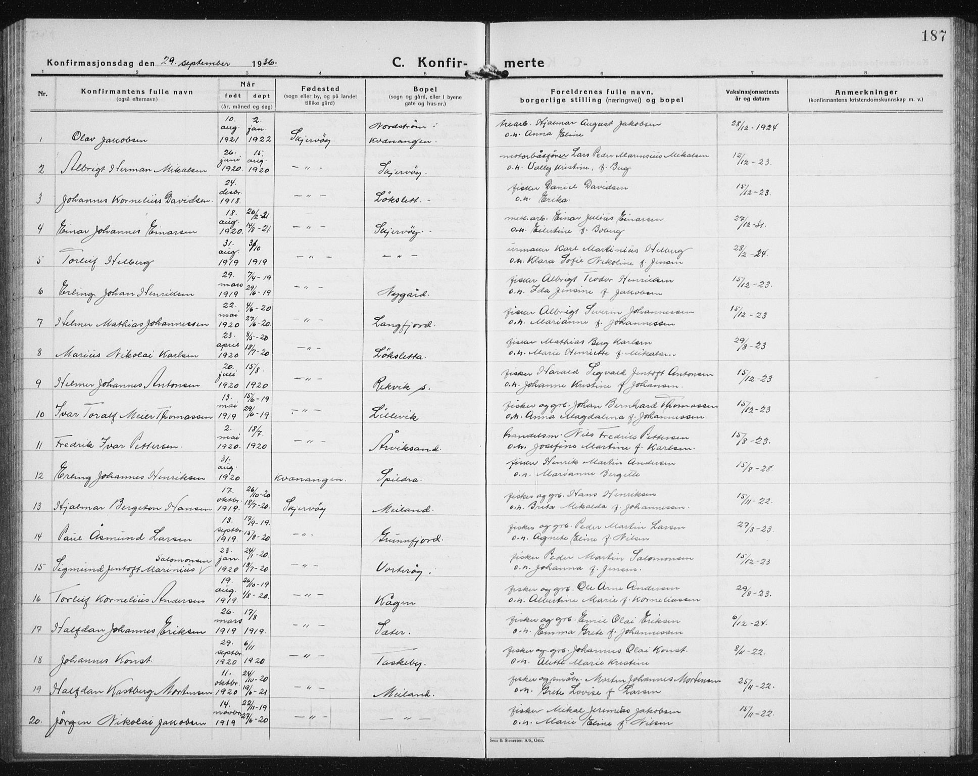 Skjervøy sokneprestkontor, AV/SATØ-S-1300/H/Ha/Hab/L0010klokker: Parish register (copy) no. 10, 1927-1941, p. 187