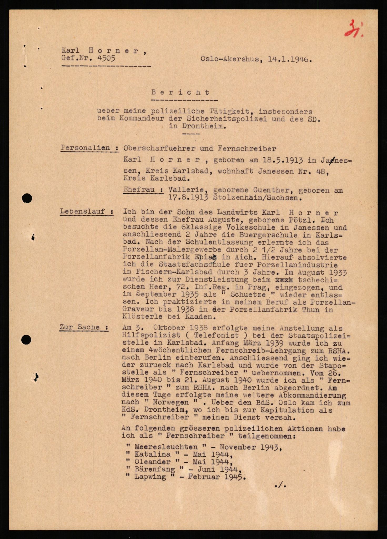 Forsvaret, Forsvarets overkommando II, RA/RAFA-3915/D/Db/L0014: CI Questionaires. Tyske okkupasjonsstyrker i Norge. Tyskere., 1945-1946, p. 46