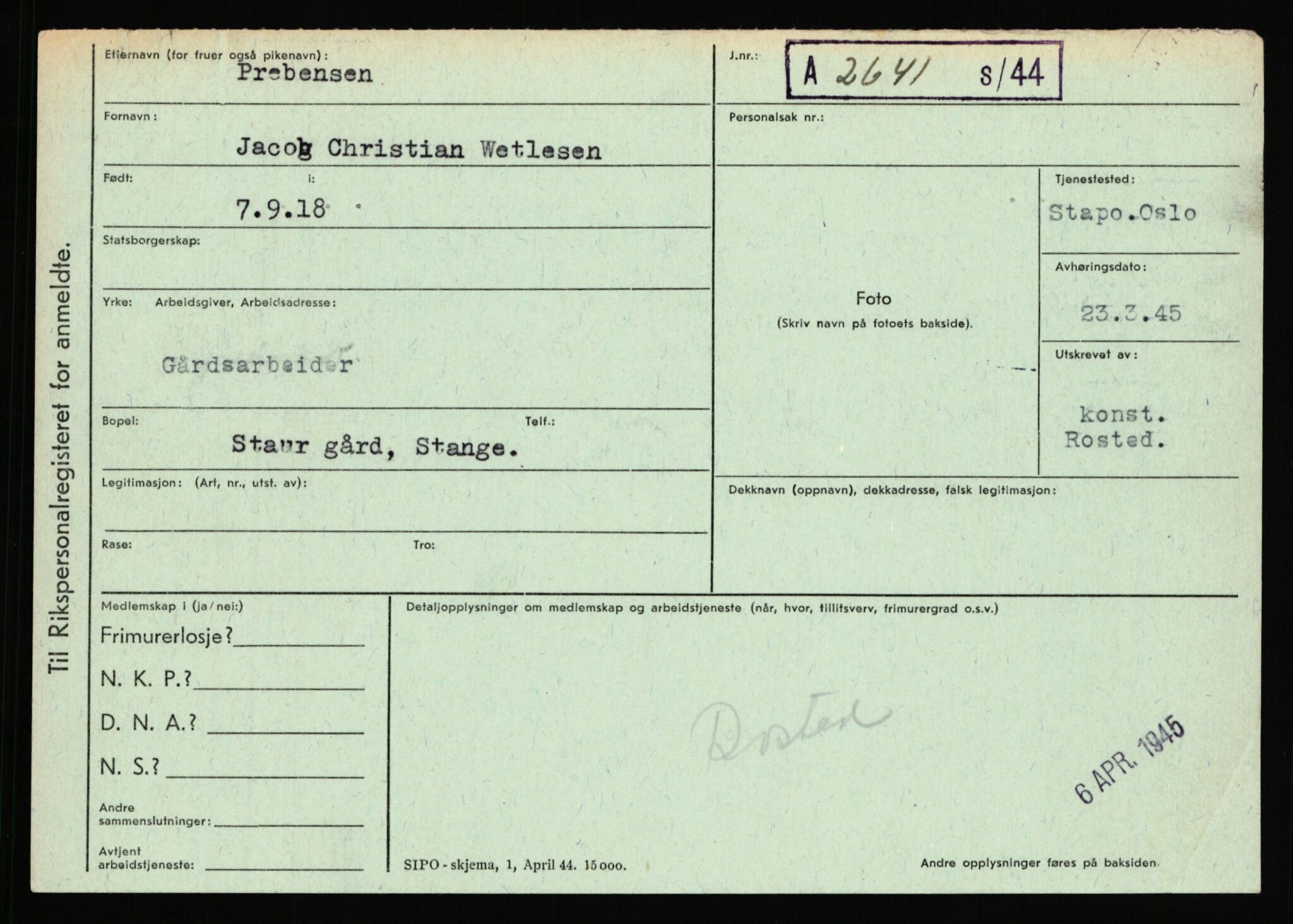 Statspolitiet - Hovedkontoret / Osloavdelingen, AV/RA-S-1329/C/Ca/L0012: Oanæs - Quistgaard	, 1943-1945, p. 4767