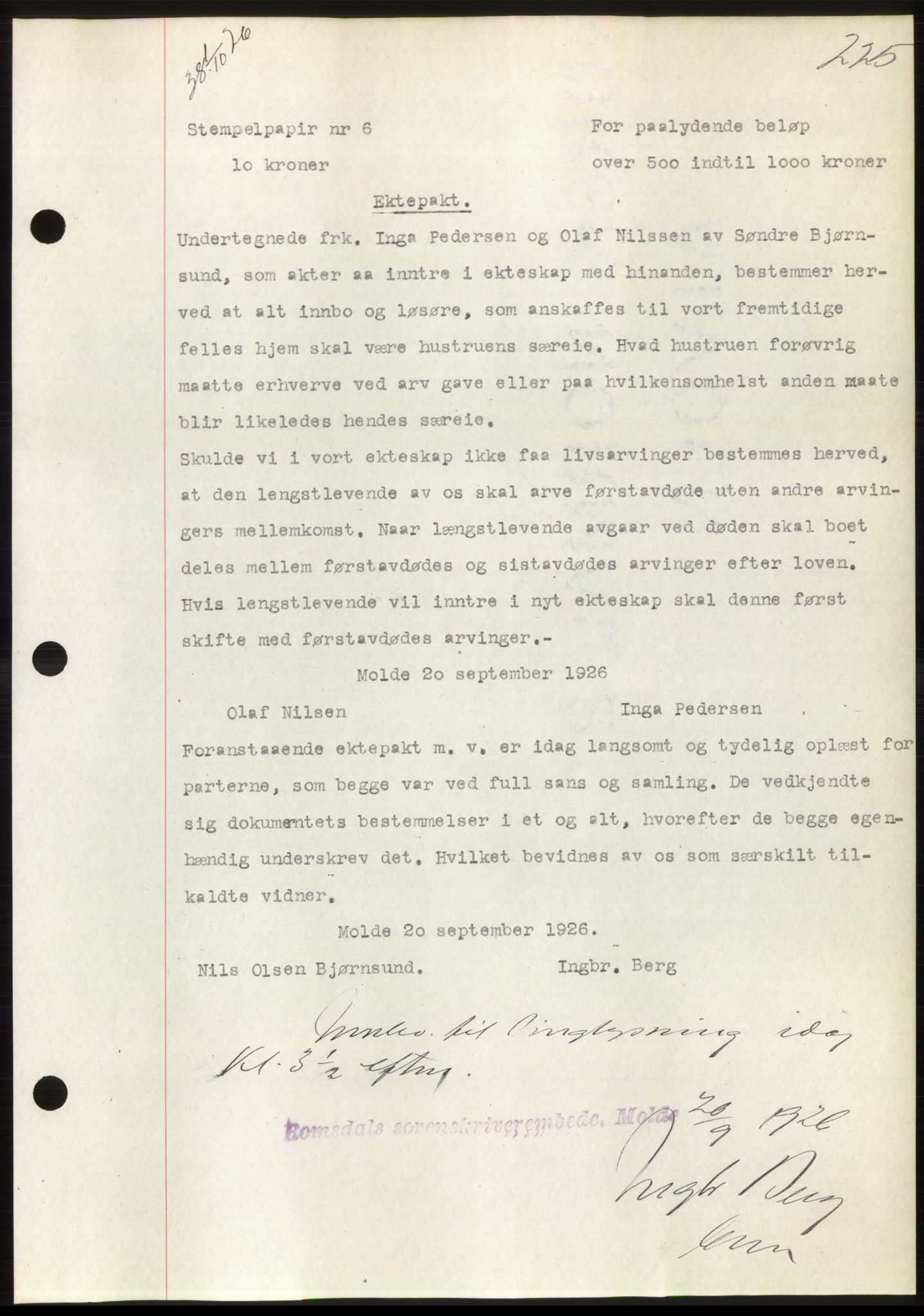 Romsdal sorenskriveri, AV/SAT-A-4149/1/2/2C/L0051: Mortgage book no. 45, 1926-1927, Deed date: 01.10.1926