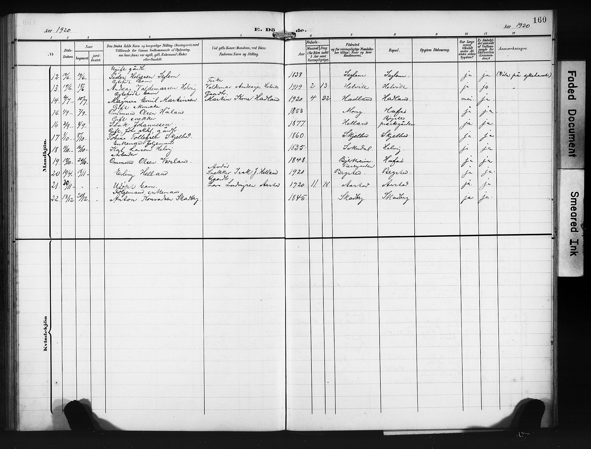 Eigersund sokneprestkontor, AV/SAST-A-101807/S09/L0011: Parish register (copy) no. B 11, 1908-1930, p. 160