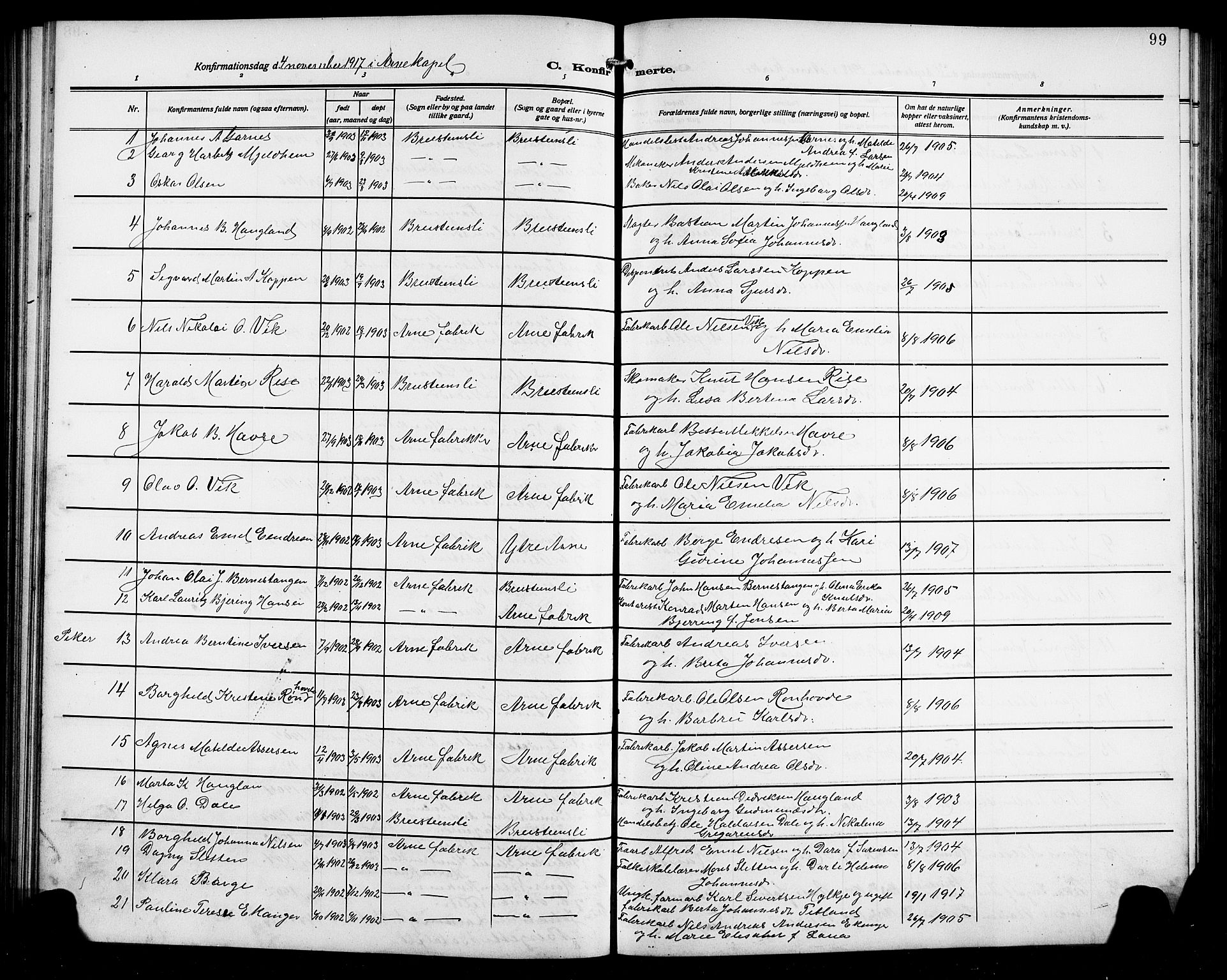 Arna sokneprestembete, AV/SAB-A-74001/H/Ha/Hab: Parish register (copy) no. A 5, 1911-1921, p. 99