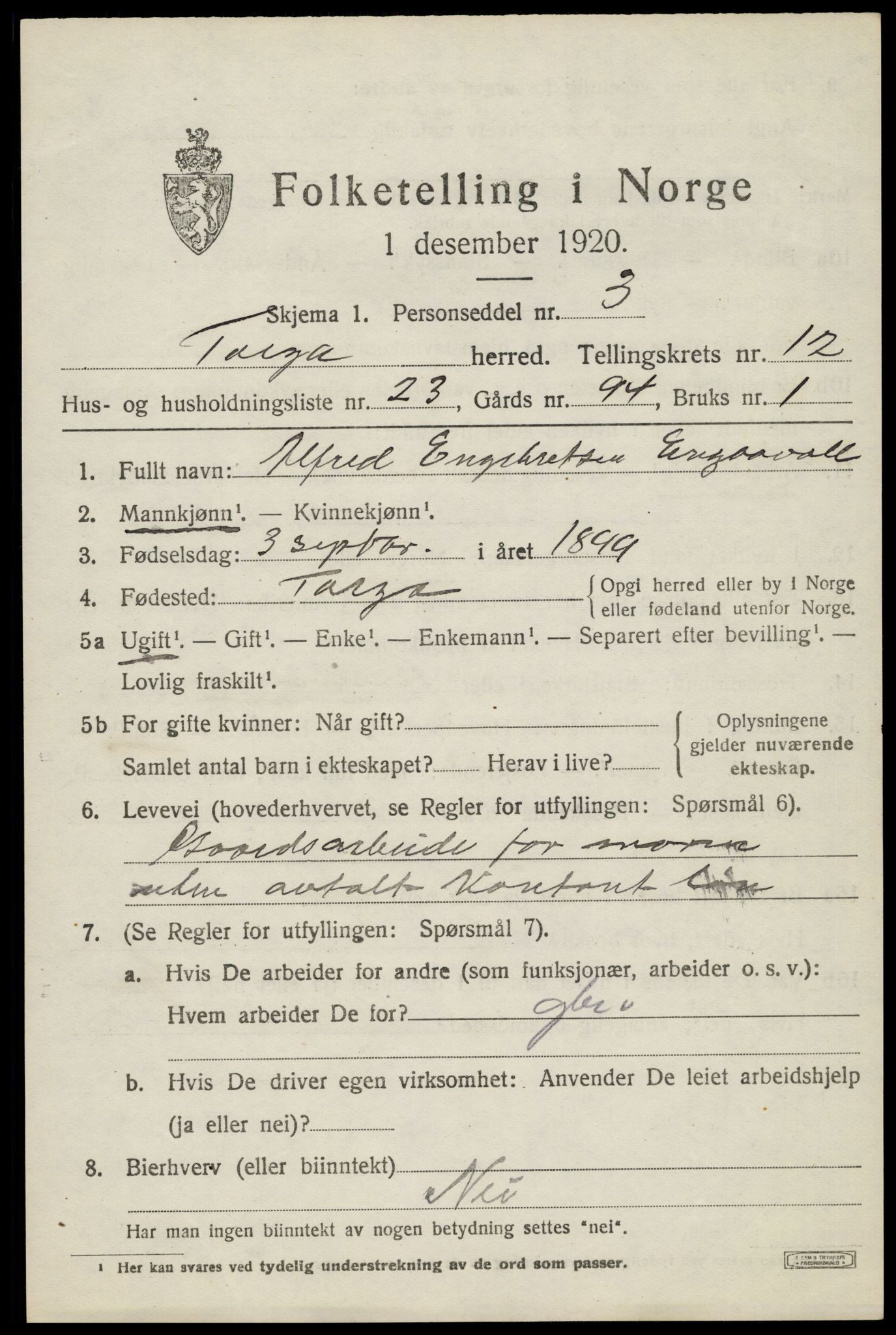 SAH, 1920 census for Tolga, 1920, p. 5745