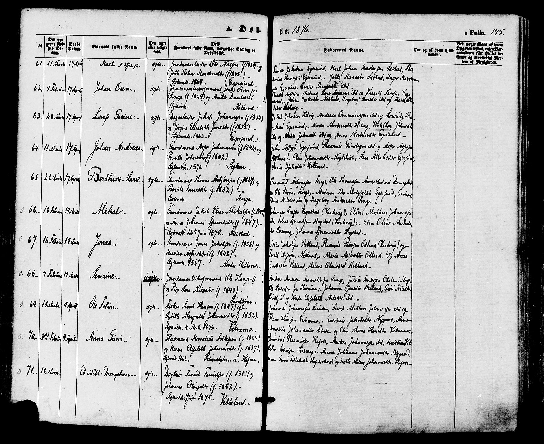 Eigersund sokneprestkontor, AV/SAST-A-101807/001/30/30BA/L0014: Parish register (official) no. A 13, 1866-1878, p. 175