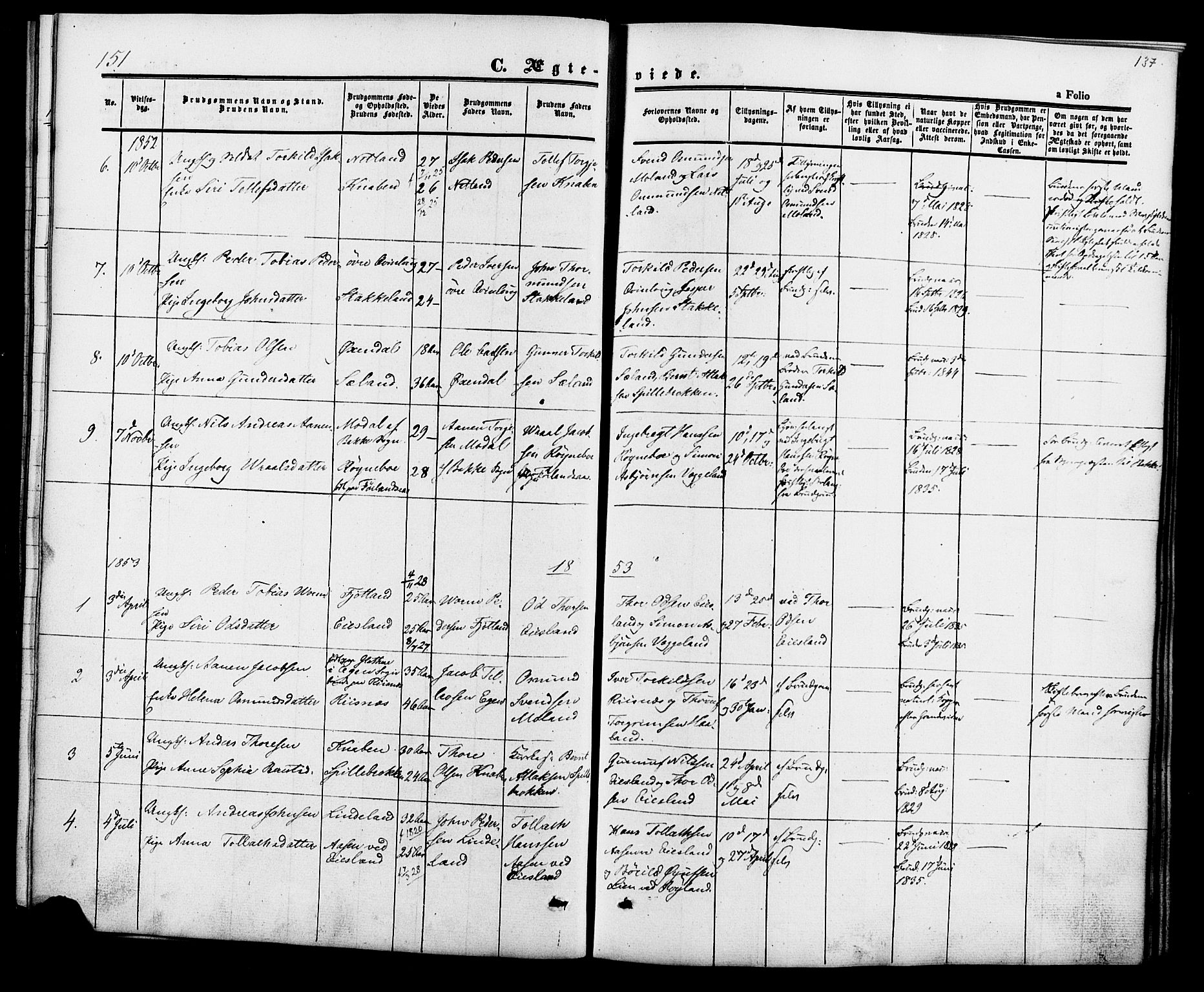 Fjotland sokneprestkontor, AV/SAK-1111-0010/F/Fa/L0001: Parish register (official) no. A 1, 1850-1879, p. 137