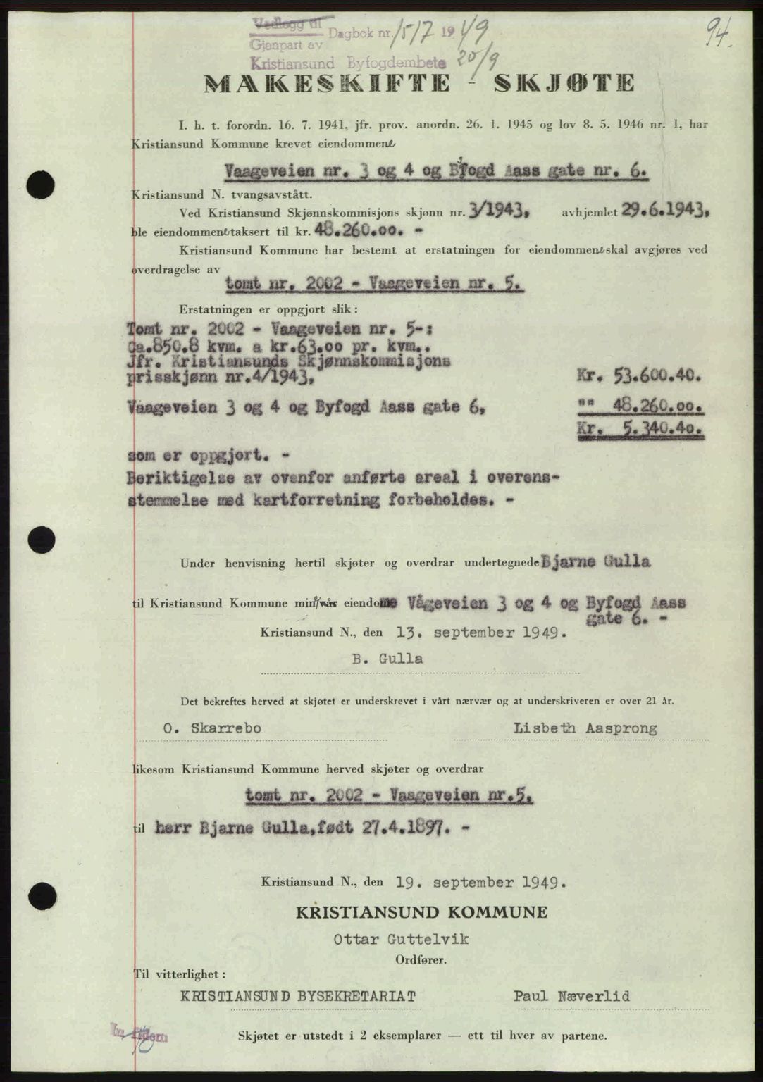 Kristiansund byfogd, AV/SAT-A-4587/A/27: Mortgage book no. 46, 1949-1950, Diary no: : 1517/1949