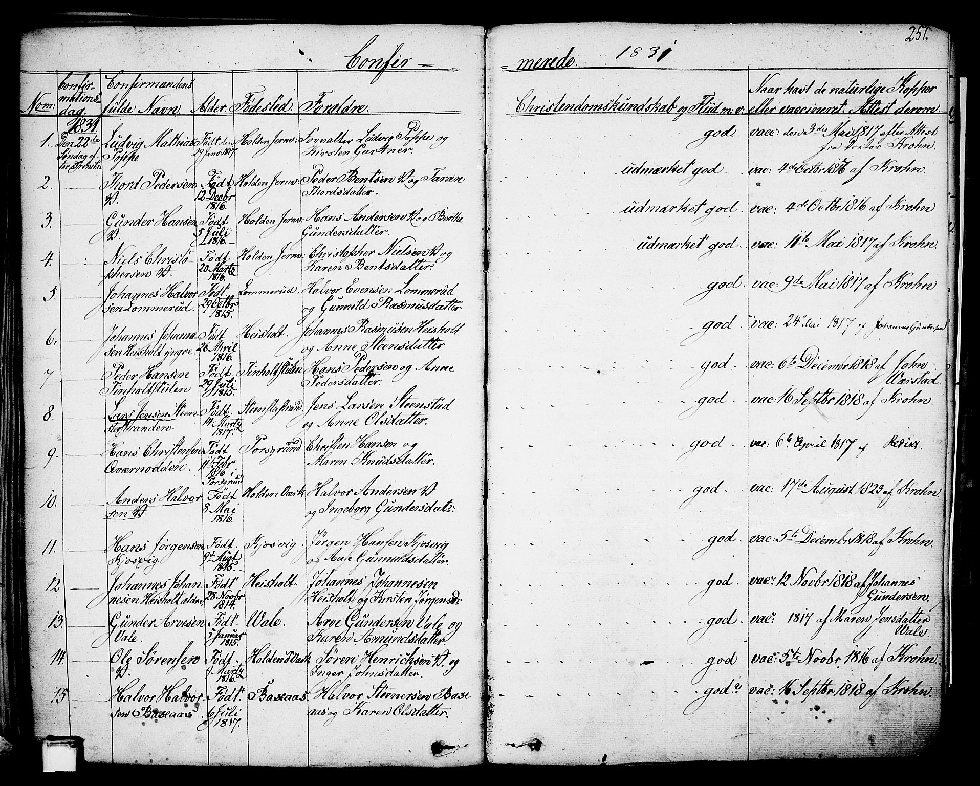 Holla kirkebøker, SAKO/A-272/F/Fa/L0004: Parish register (official) no. 4, 1830-1848, p. 251