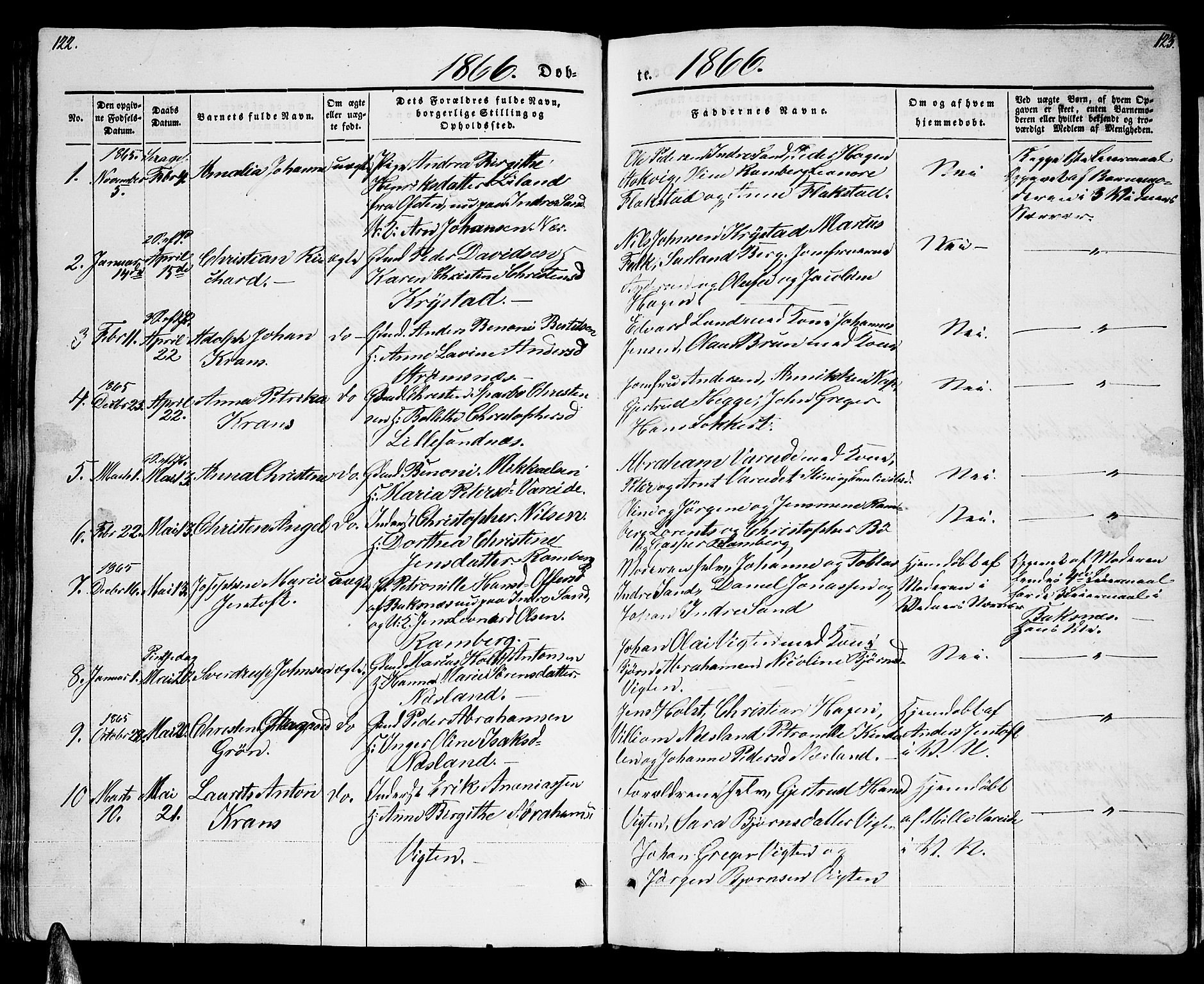 Ministerialprotokoller, klokkerbøker og fødselsregistre - Nordland, AV/SAT-A-1459/885/L1212: Parish register (copy) no. 885C01, 1847-1873, p. 122-123