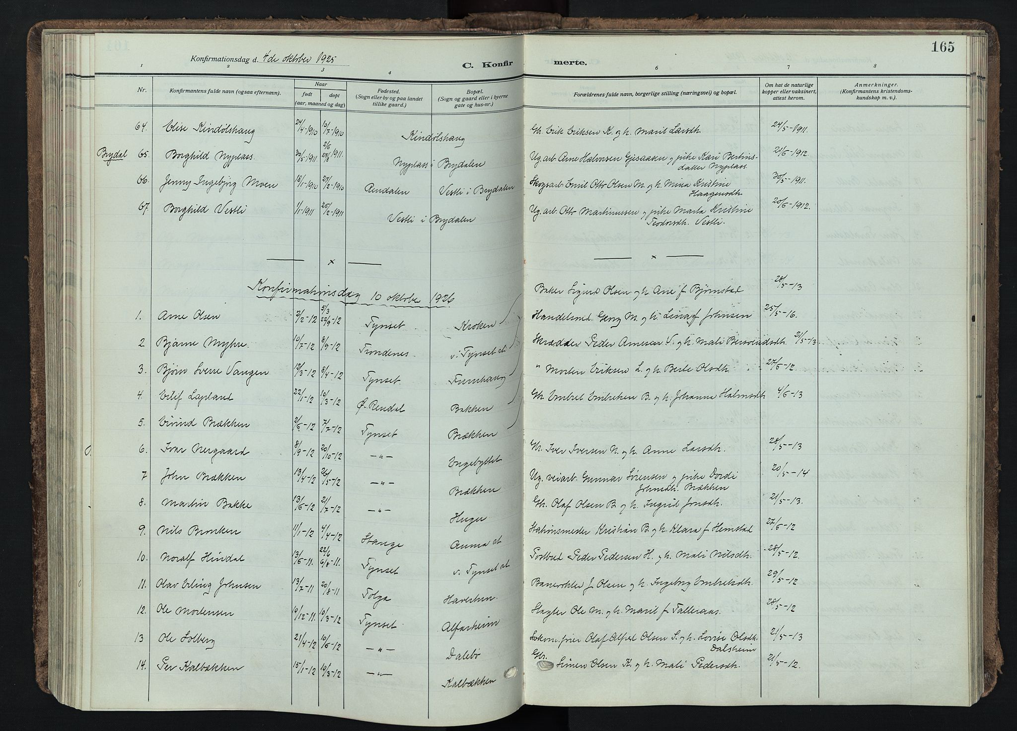 Tynset prestekontor, SAH/PREST-058/H/Ha/Haa/L0026: Parish register (official) no. 26, 1915-1929, p. 165