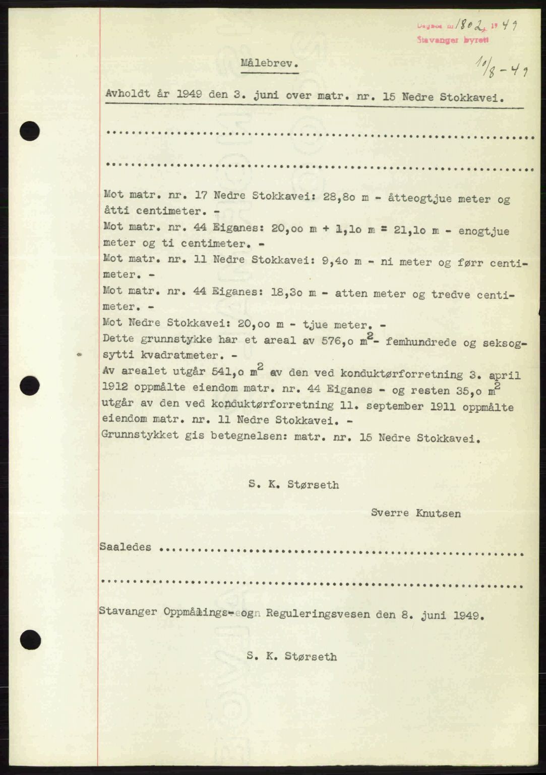 Stavanger byrett, SAST/A-100455/002/G/Gb/L0023: Mortgage book no. A12, 1948-1949, Diary no: : 1802/1949