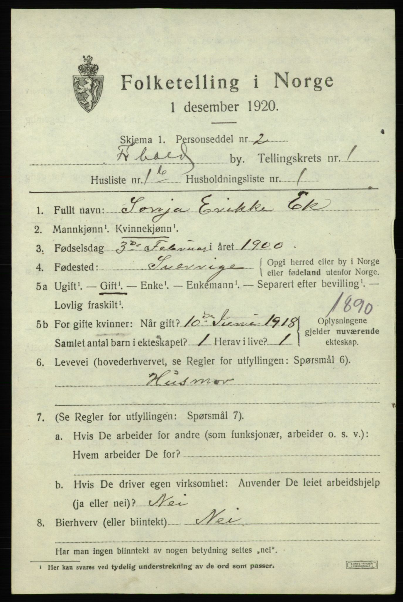 SAO, 1920 census for Fredrikshald, 1920, p. 8058