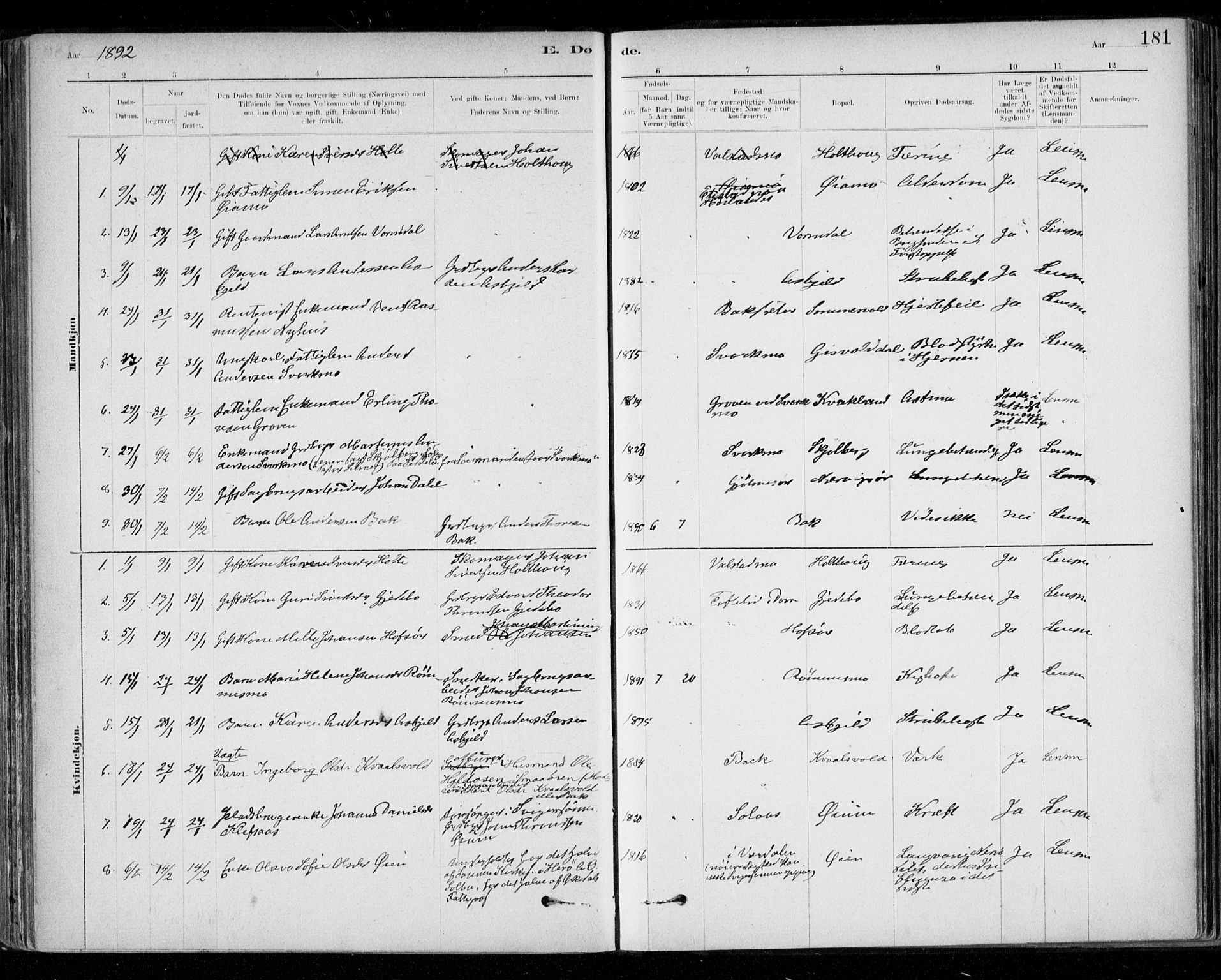 Ministerialprotokoller, klokkerbøker og fødselsregistre - Sør-Trøndelag, AV/SAT-A-1456/668/L0810: Parish register (official) no. 668A10, 1881-1894, p. 181