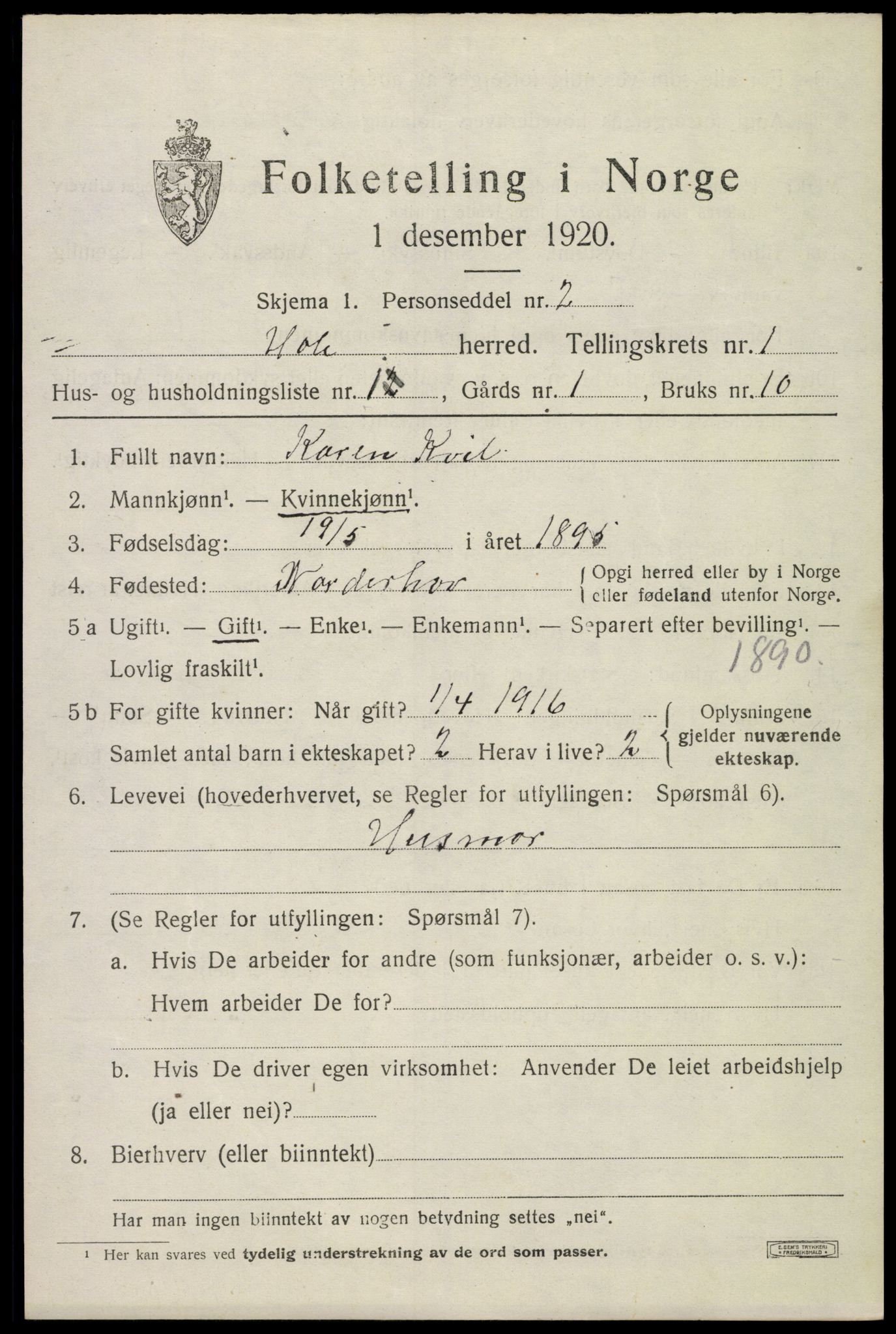 SAKO, 1920 census for Hole, 1920, p. 971