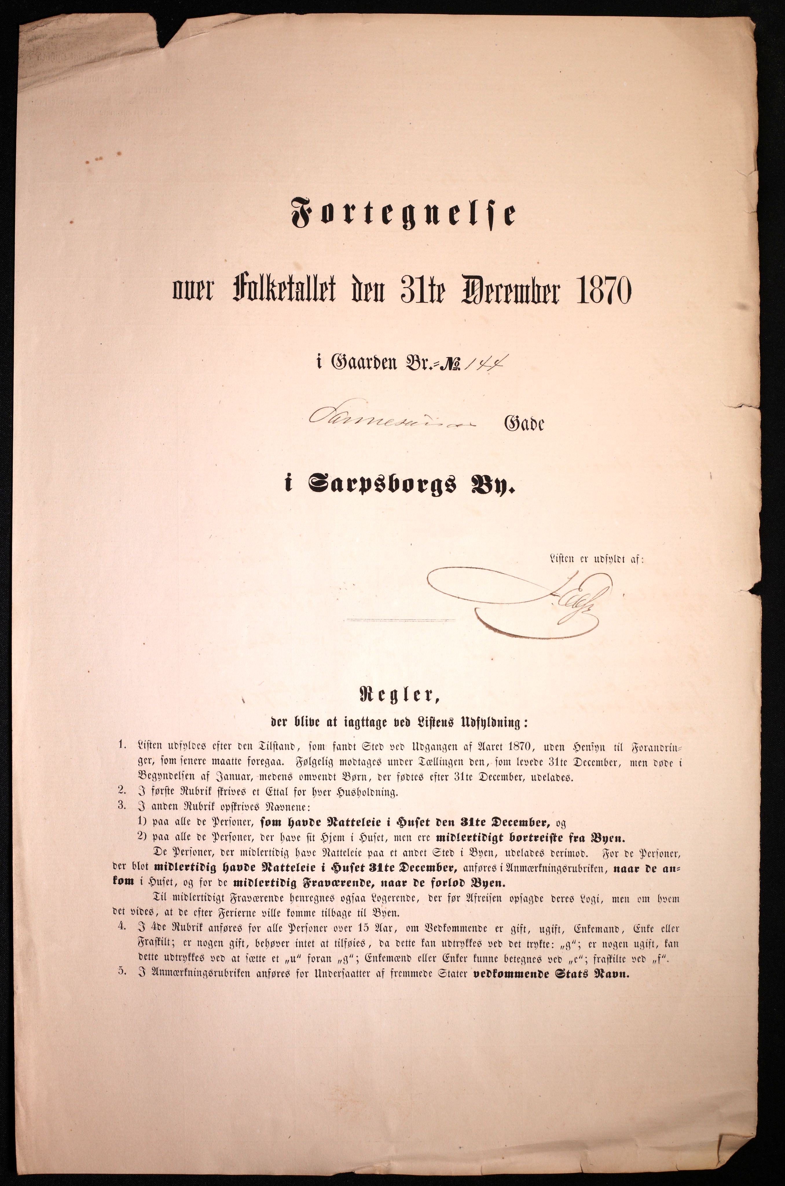 RA, 1870 census for 0102 Sarpsborg, 1870, p. 601