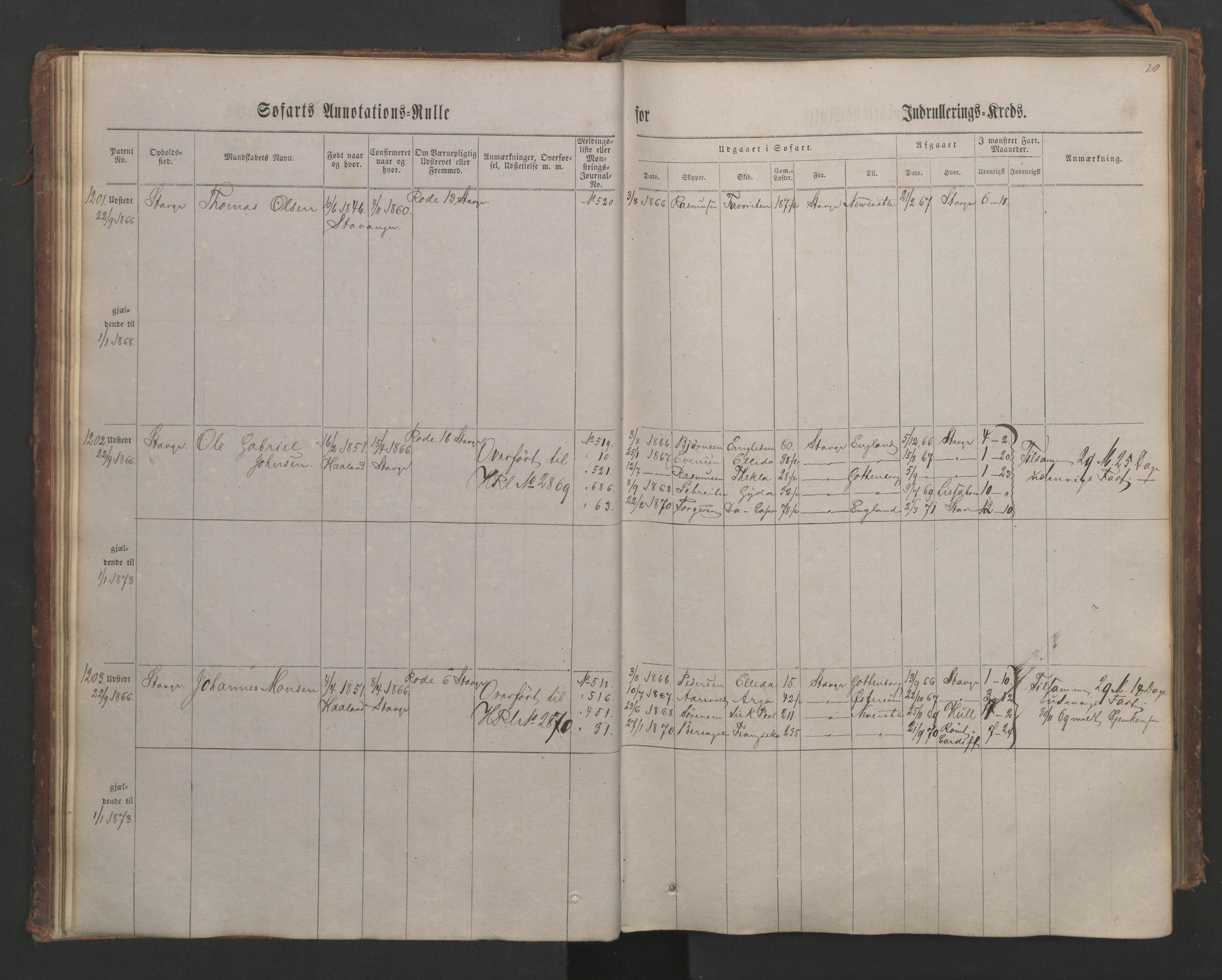 Stavanger sjømannskontor, SAST/A-102006/F/Ff/L0003: Annotasjonsrulle, patentnr. 1144-1761, 1866, p. 28