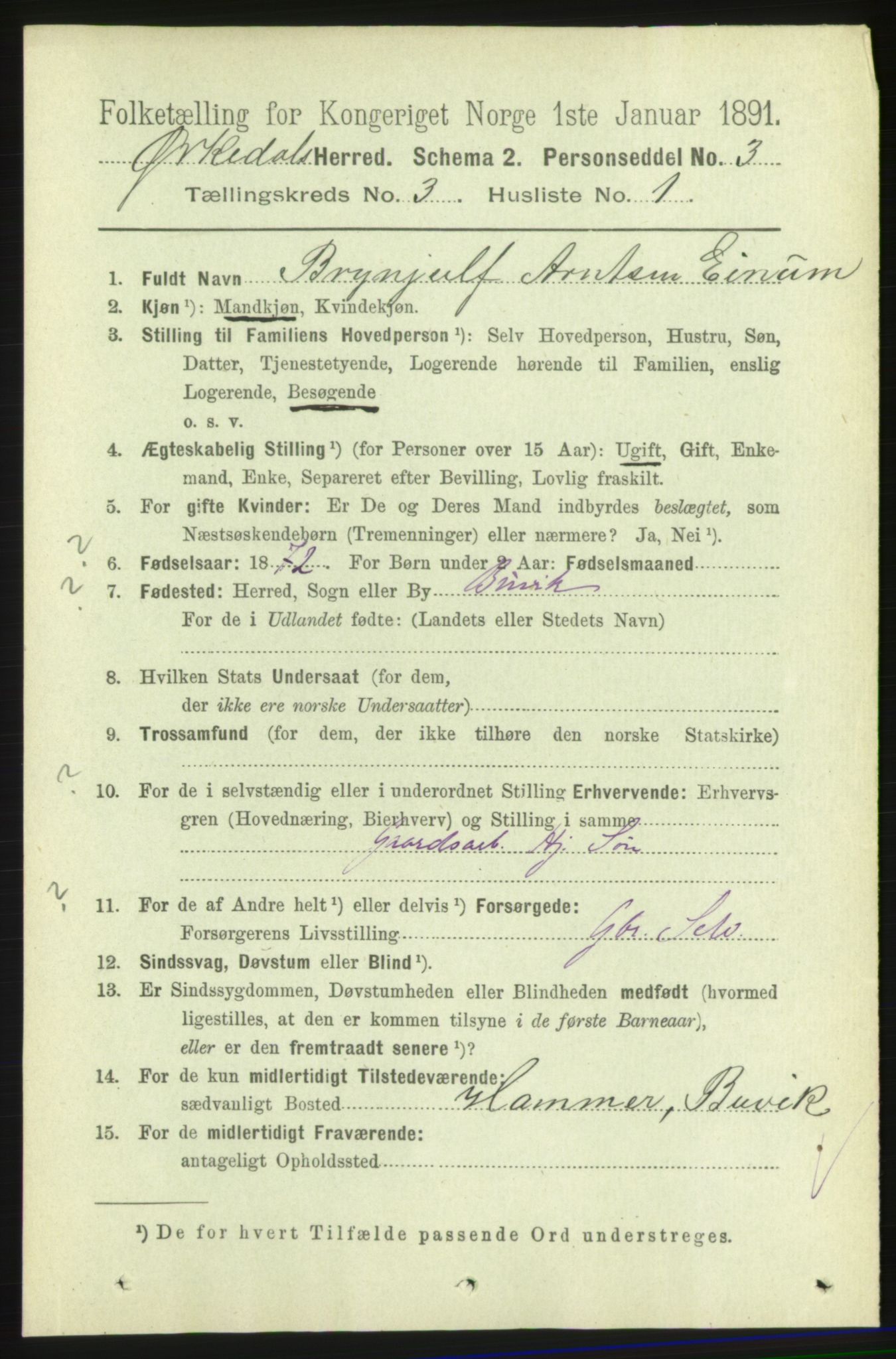 RA, 1891 census for 1638 Orkdal, 1891, p. 1483