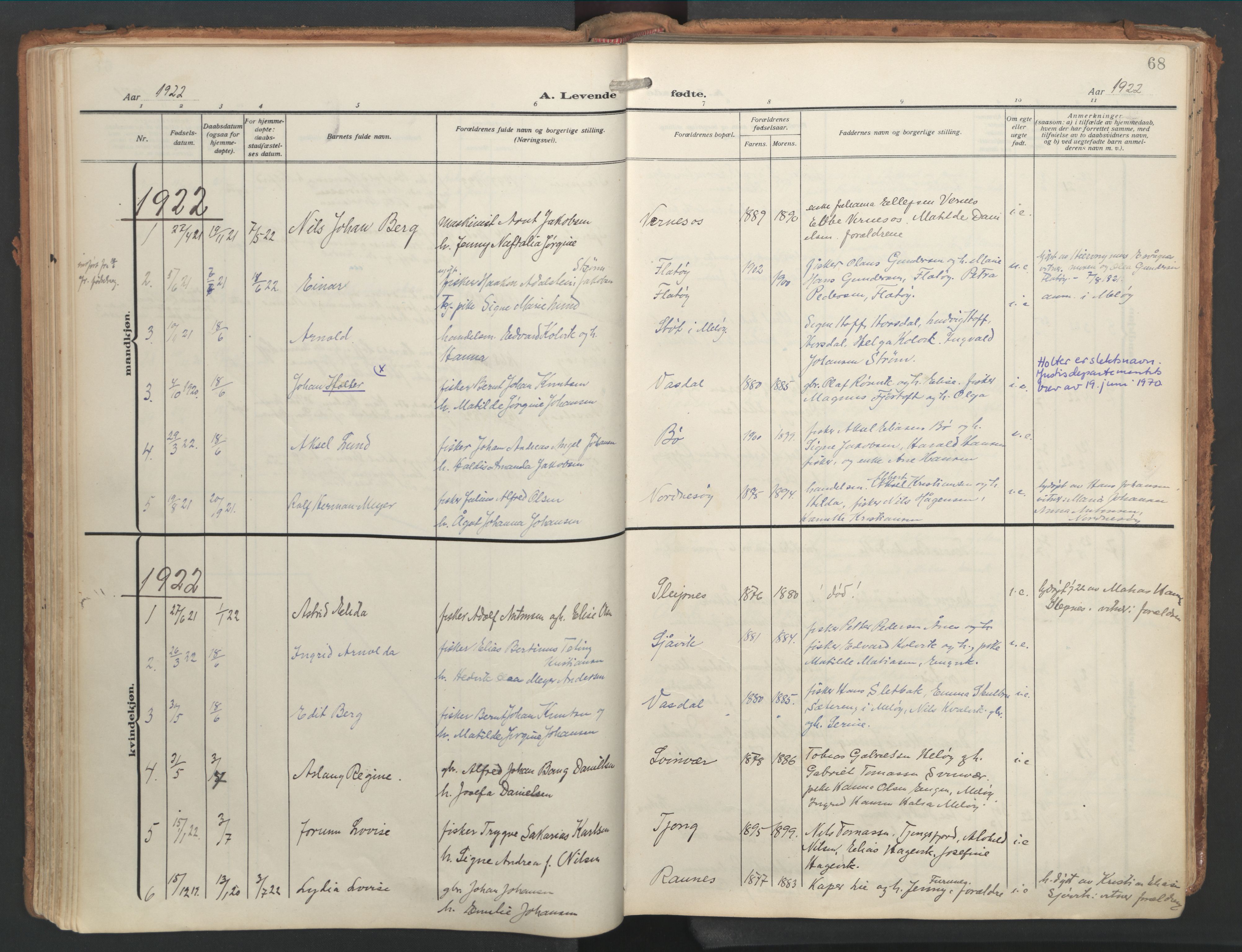 Ministerialprotokoller, klokkerbøker og fødselsregistre - Nordland, AV/SAT-A-1459/841/L0614: Parish register (official) no. 841A17, 1911-1925, p. 68