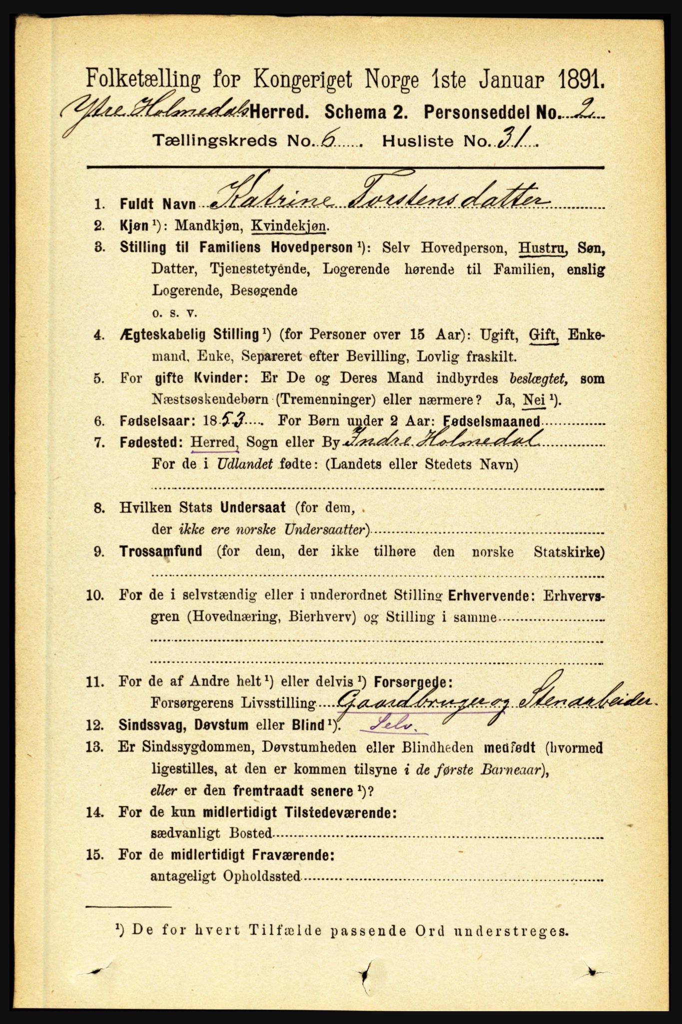 RA, 1891 census for 1429 Ytre Holmedal, 1891, p. 1489