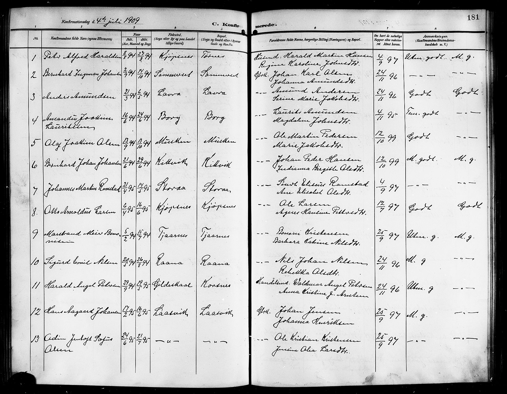 Ministerialprotokoller, klokkerbøker og fødselsregistre - Nordland, SAT/A-1459/861/L0877: Parish register (copy) no. 861C03, 1903-1919, p. 181
