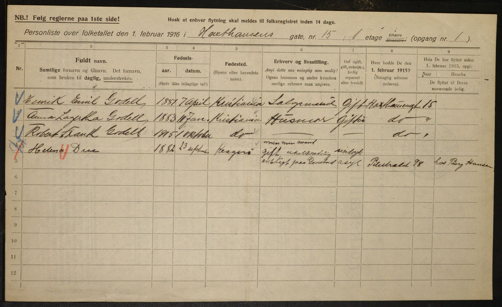 OBA, Municipal Census 1916 for Kristiania, 1916, p. 36264