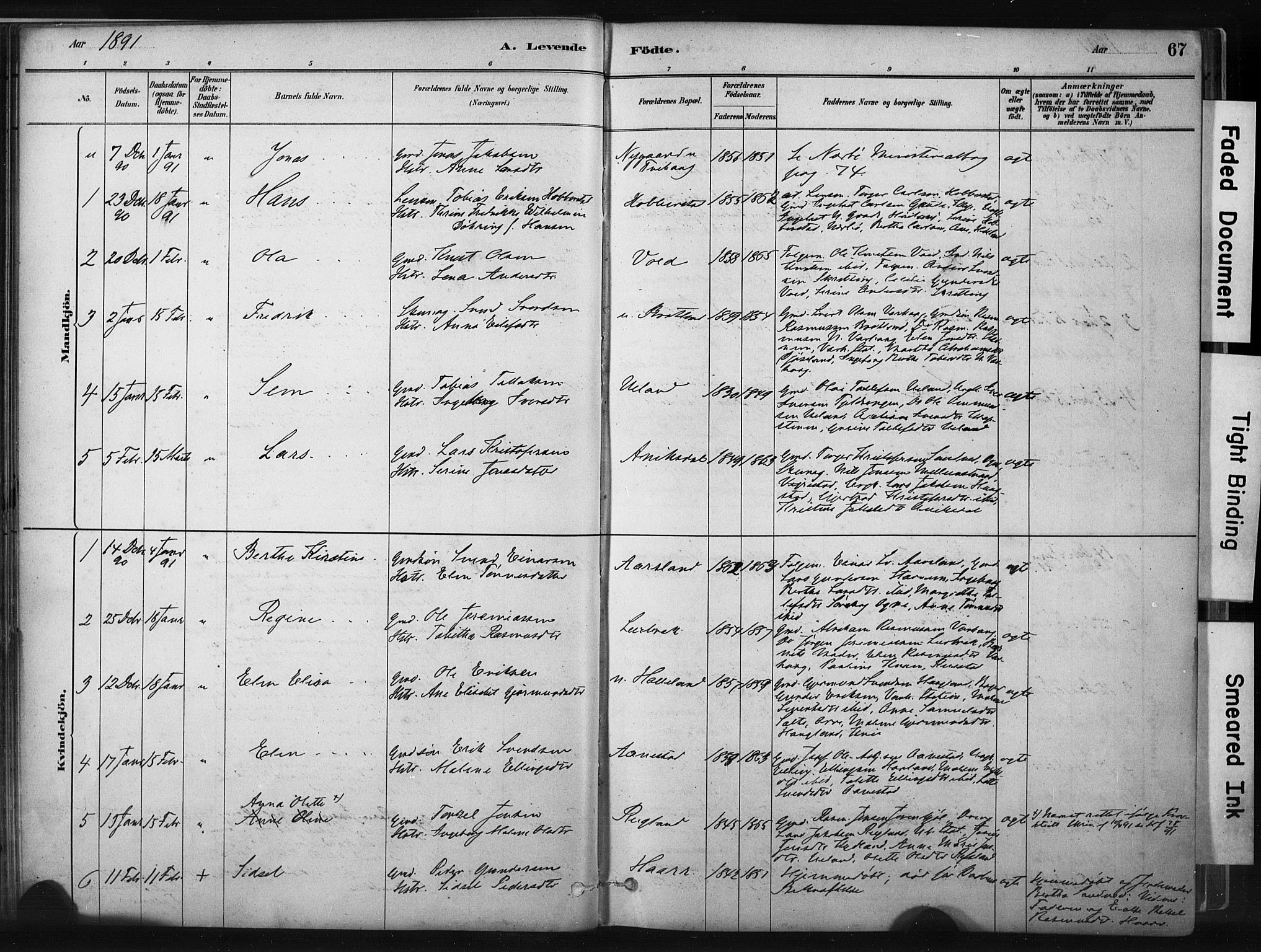 Hå sokneprestkontor, AV/SAST-A-101801/001/30BA/L0011: Parish register (official) no. A 10, 1879-1900, p. 67