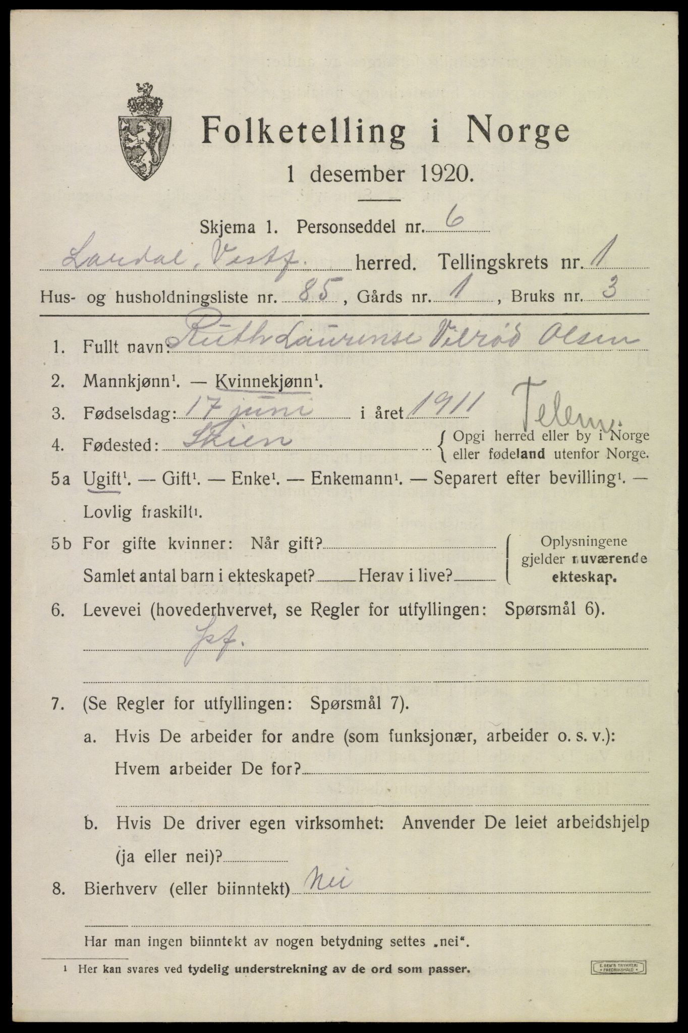 SAKO, 1920 census for Lardal, 1920, p. 1971