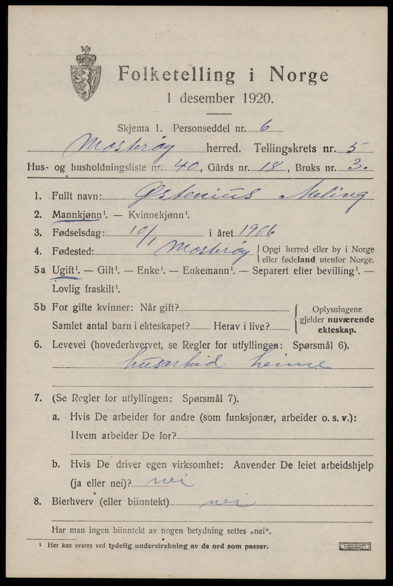 SAST, 1920 census for Mosterøy, 1920, p. 2552