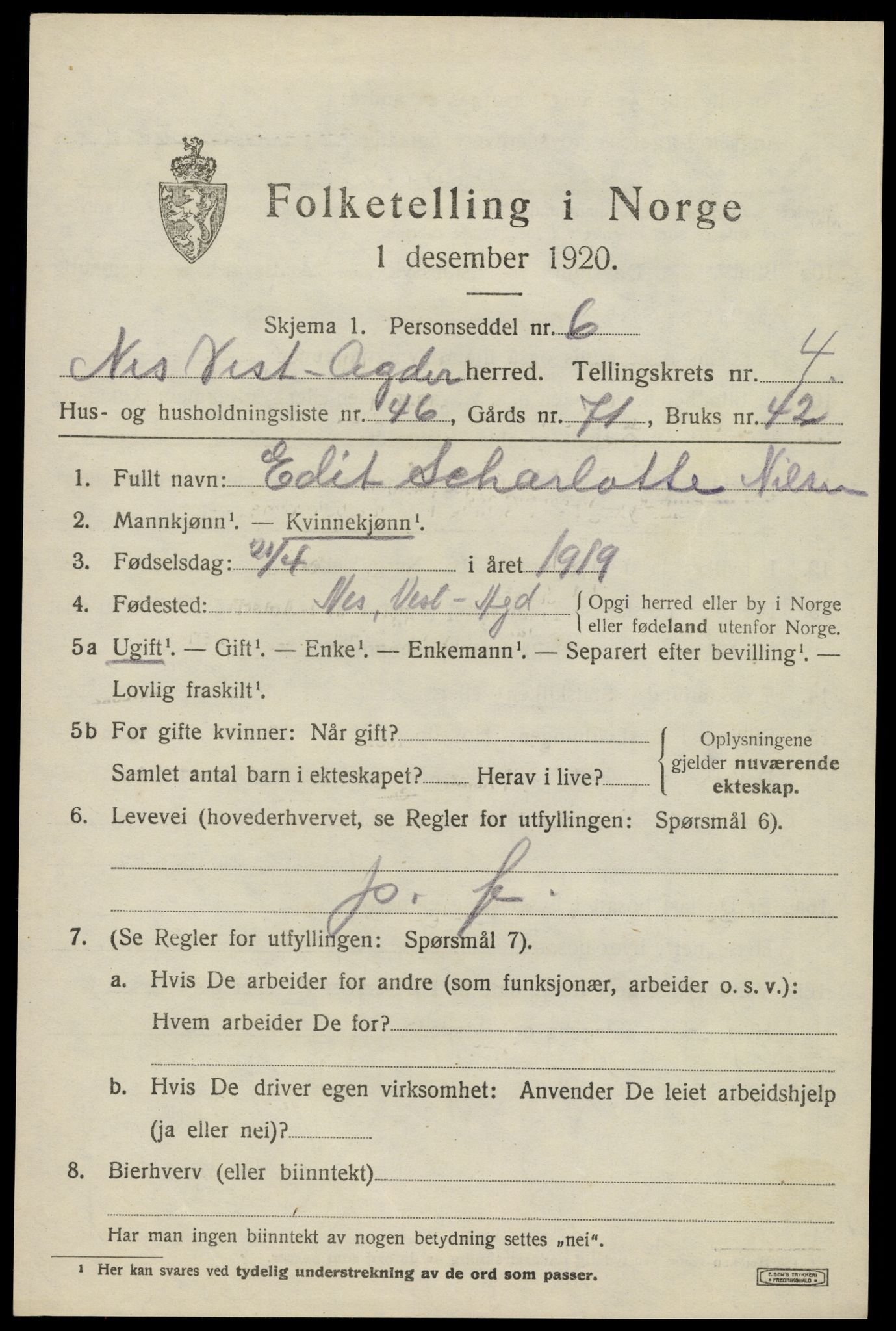 SAK, 1920 census for Nes (V-A), 1920, p. 2652