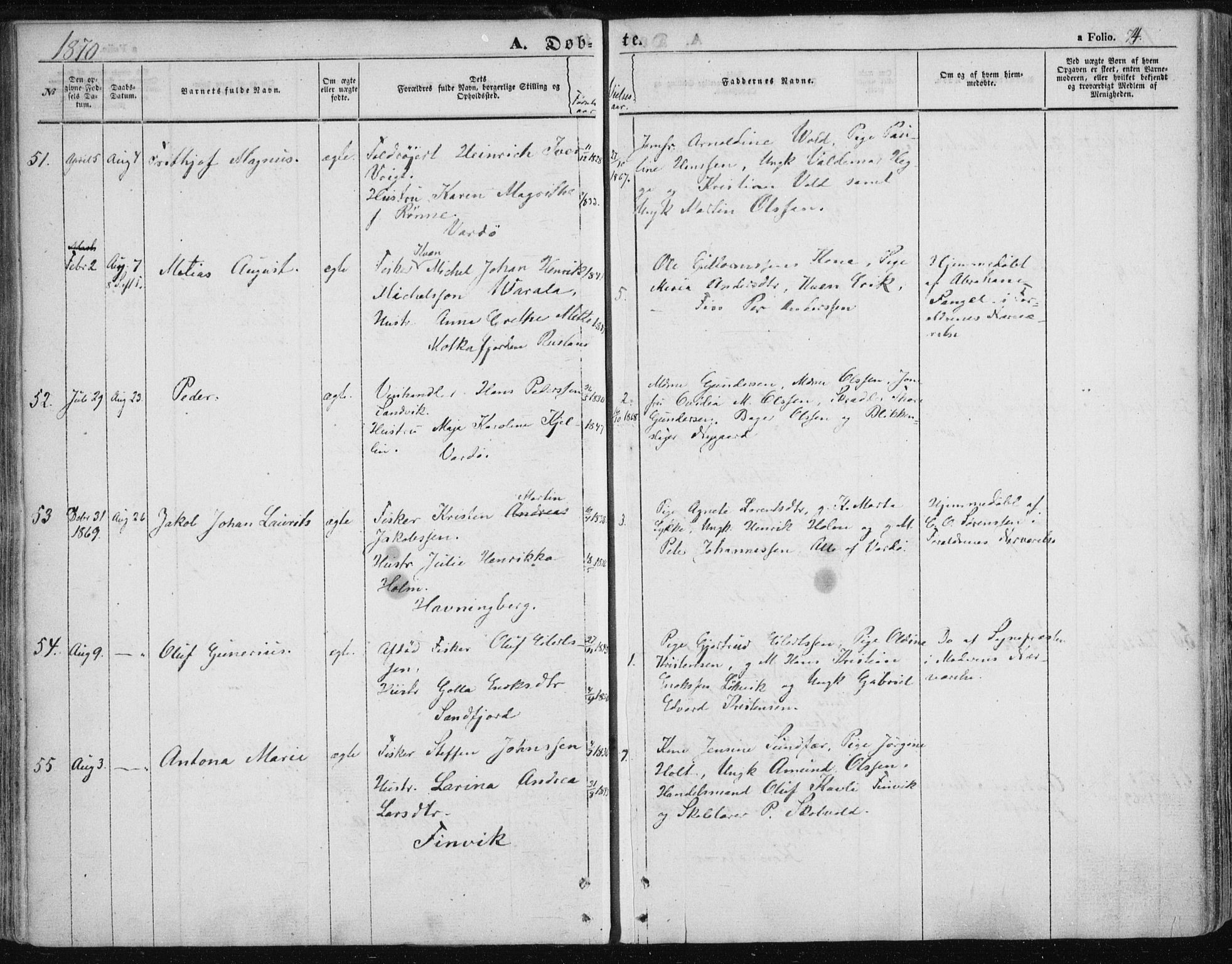 Vardø sokneprestkontor, AV/SATØ-S-1332/H/Ha/L0004kirke: Parish register (official) no. 4, 1862-1871, p. 74