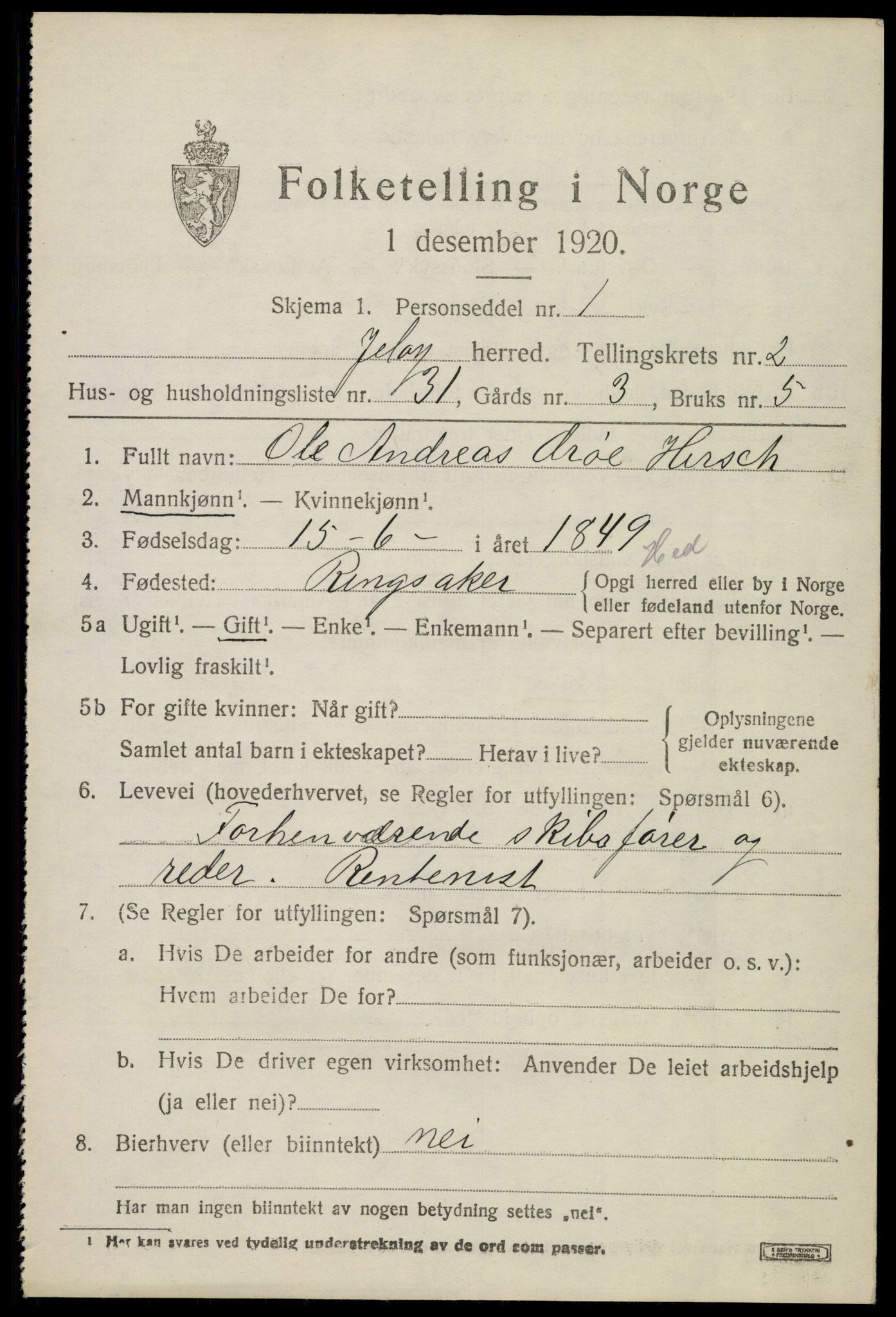 SAO, 1920 census for Moss land district, 1920, p. 2489