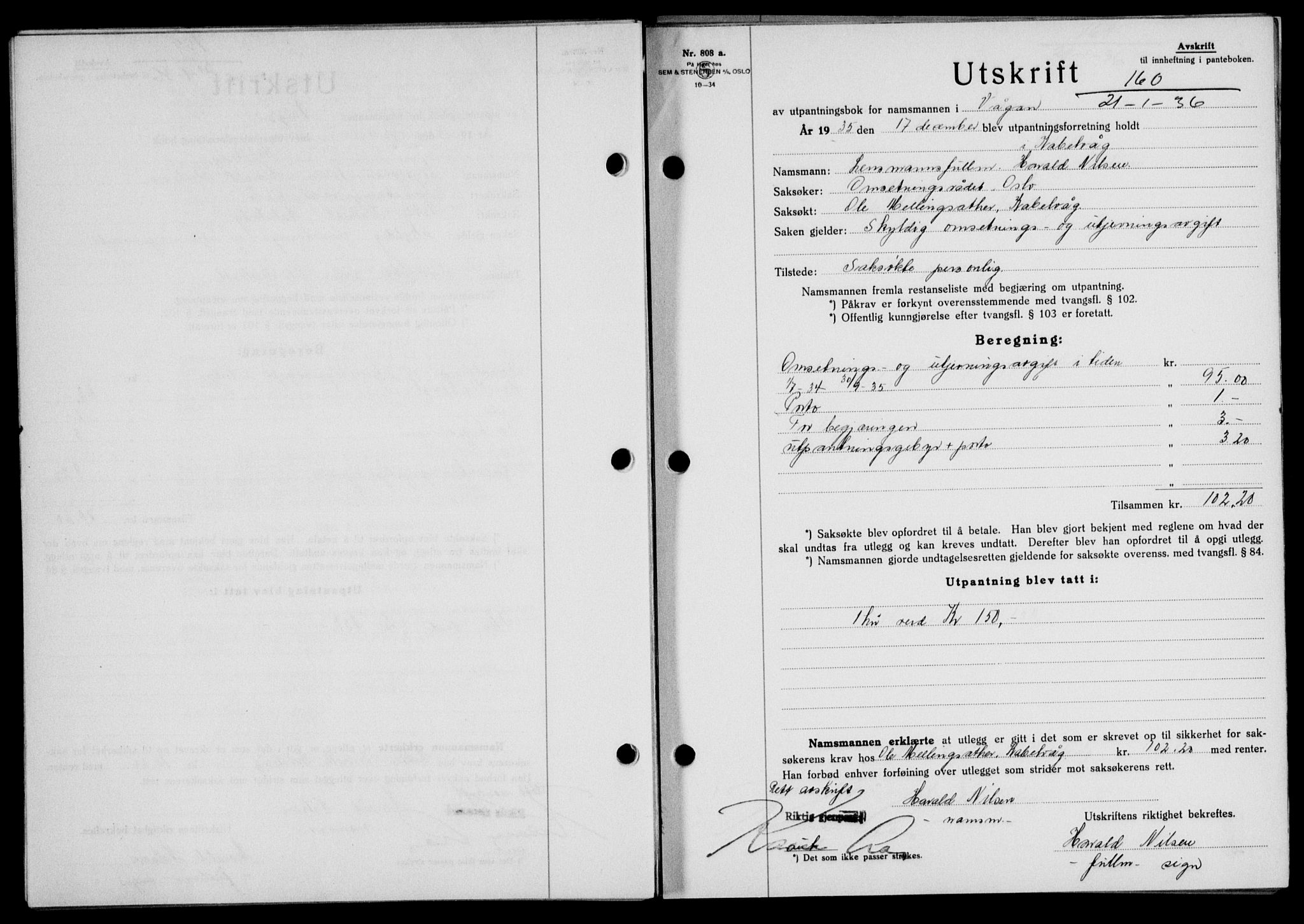 Lofoten sorenskriveri, SAT/A-0017/1/2/2C/L0033b: Mortgage book no. 33b, 1936-1936, Diary no: : 160/1936