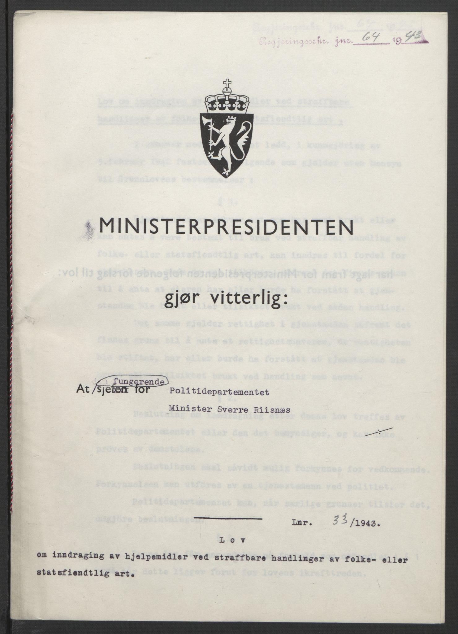 NS-administrasjonen 1940-1945 (Statsrådsekretariatet, de kommisariske statsråder mm), RA/S-4279/D/Db/L0099: Lover, 1943, p. 136