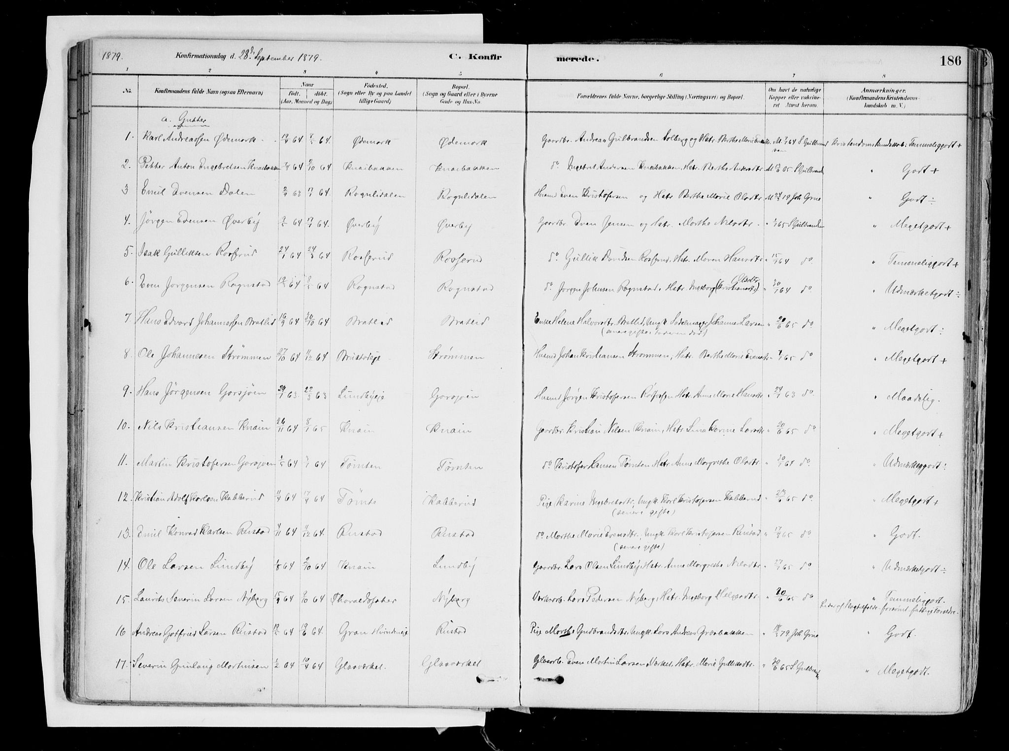 Hurdal prestekontor Kirkebøker, AV/SAO-A-10889/F/Fa/L0007: Parish register (official) no. I 7, 1878-1906, p. 186