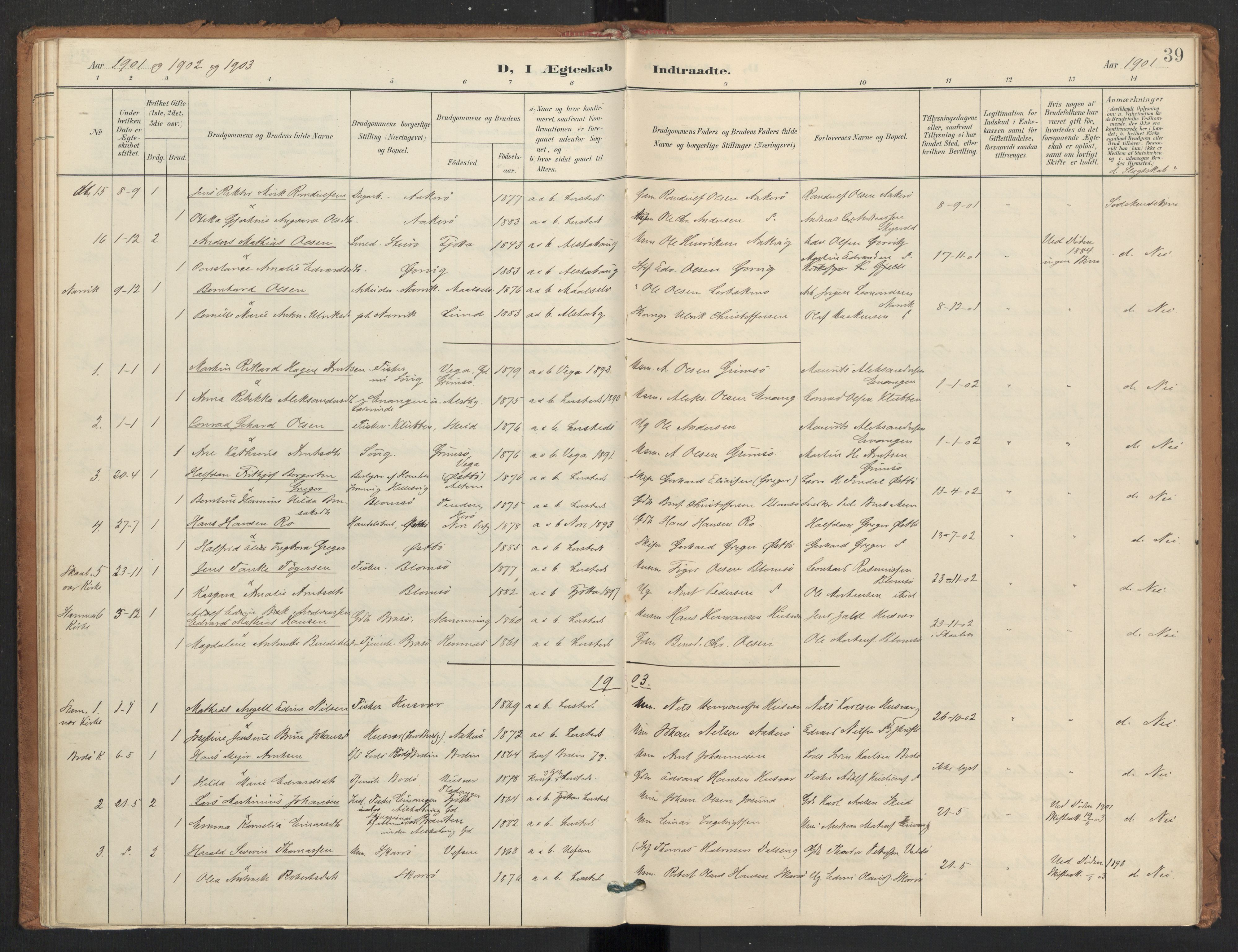 Ministerialprotokoller, klokkerbøker og fødselsregistre - Nordland, SAT/A-1459/830/L0454: Parish register (official) no. 830A18, 1897-1913, p. 39