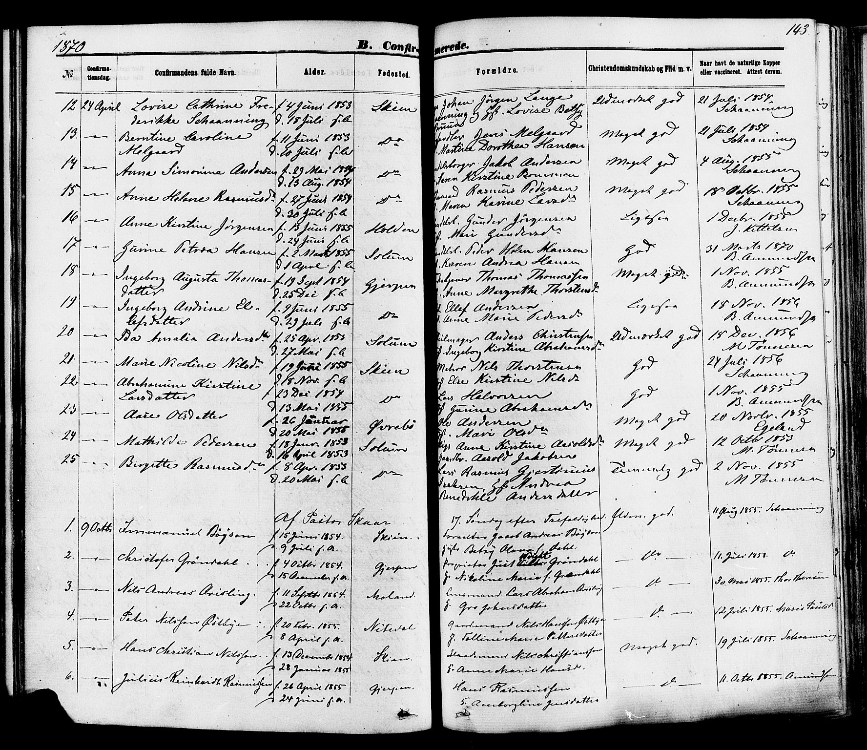Skien kirkebøker, SAKO/A-302/F/Fa/L0008: Parish register (official) no. 8, 1866-1877, p. 143