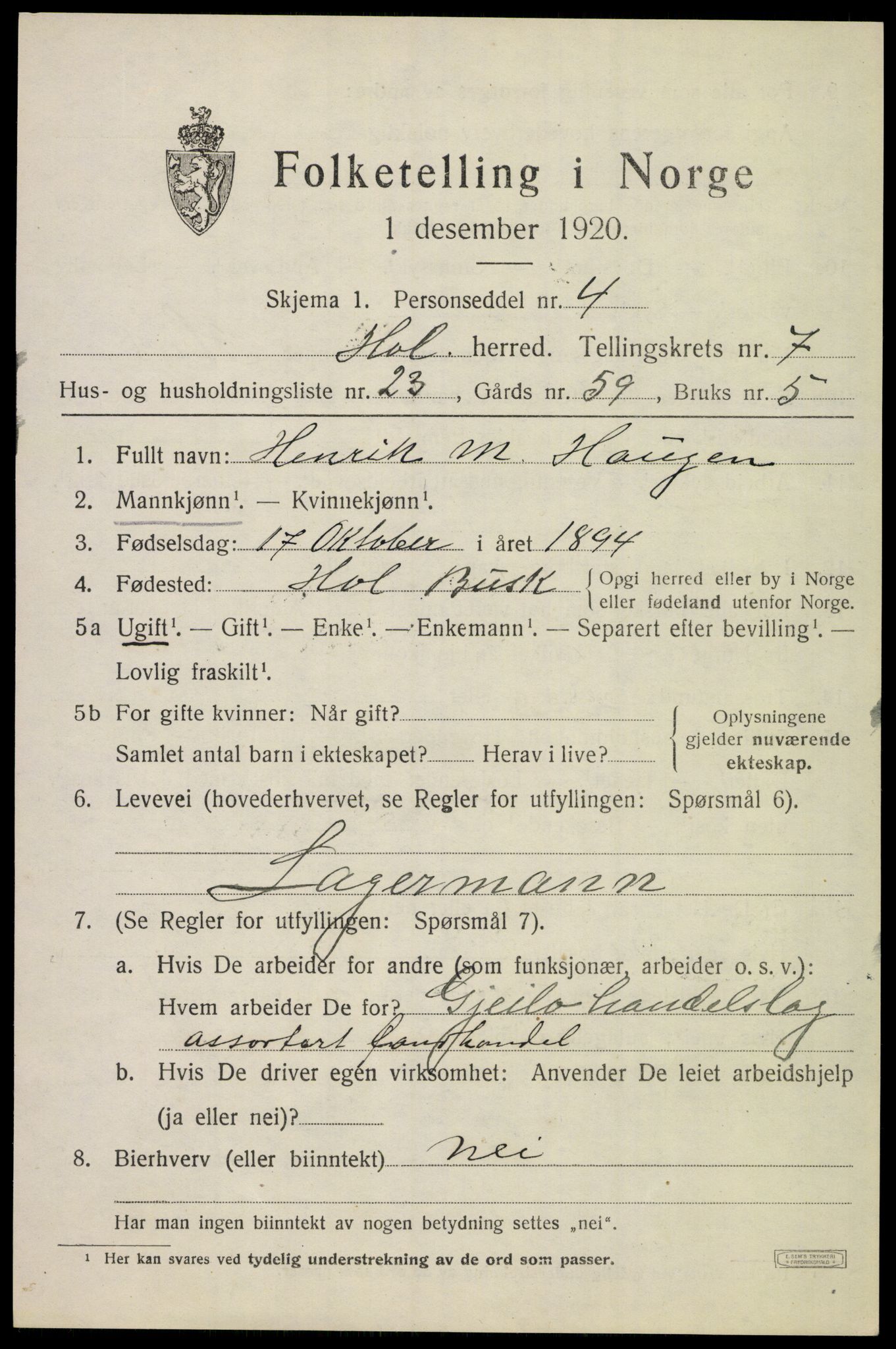 SAKO, 1920 census for Hol (Buskerud), 1920, p. 3793