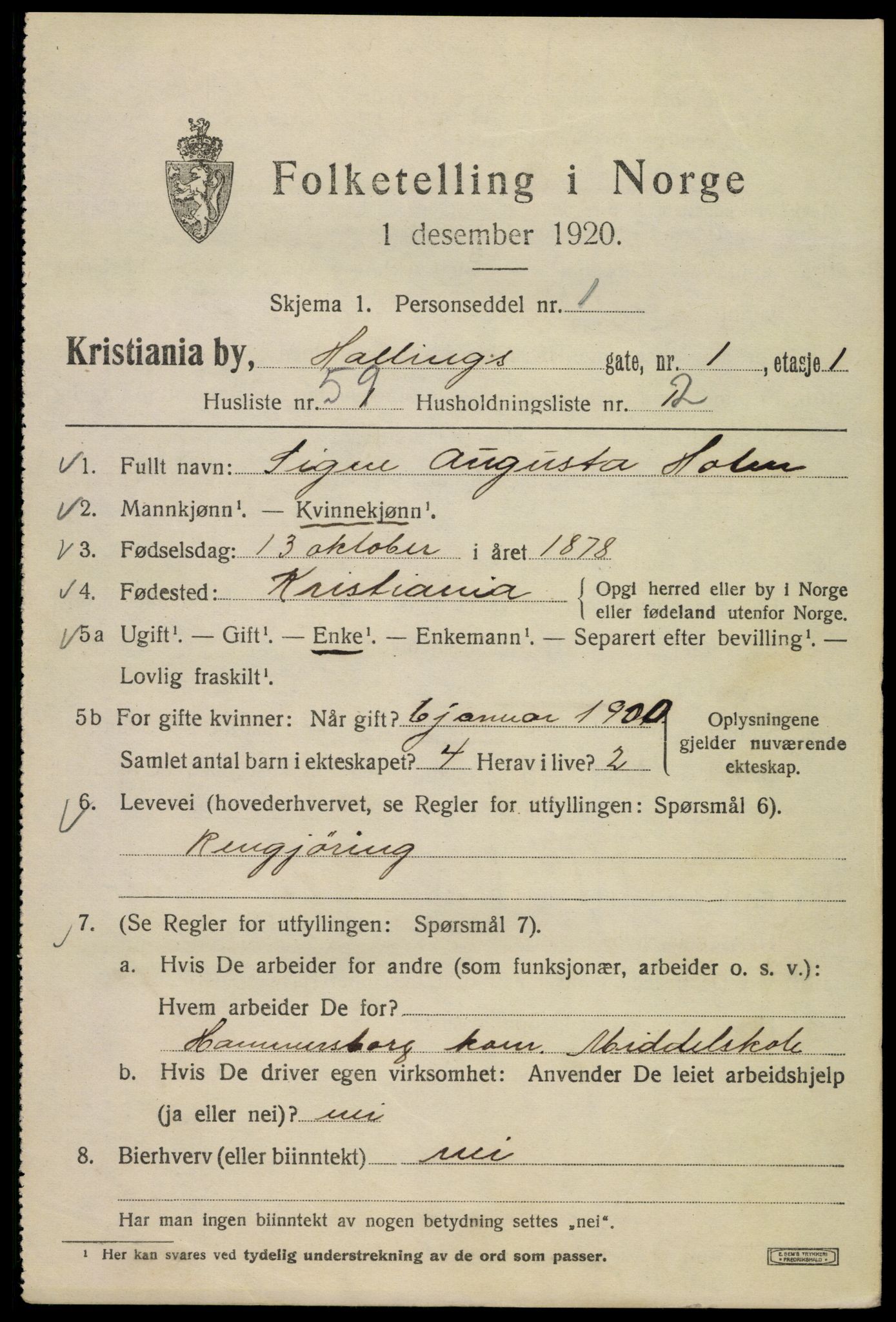 SAO, 1920 census for Kristiania, 1920, p. 267077