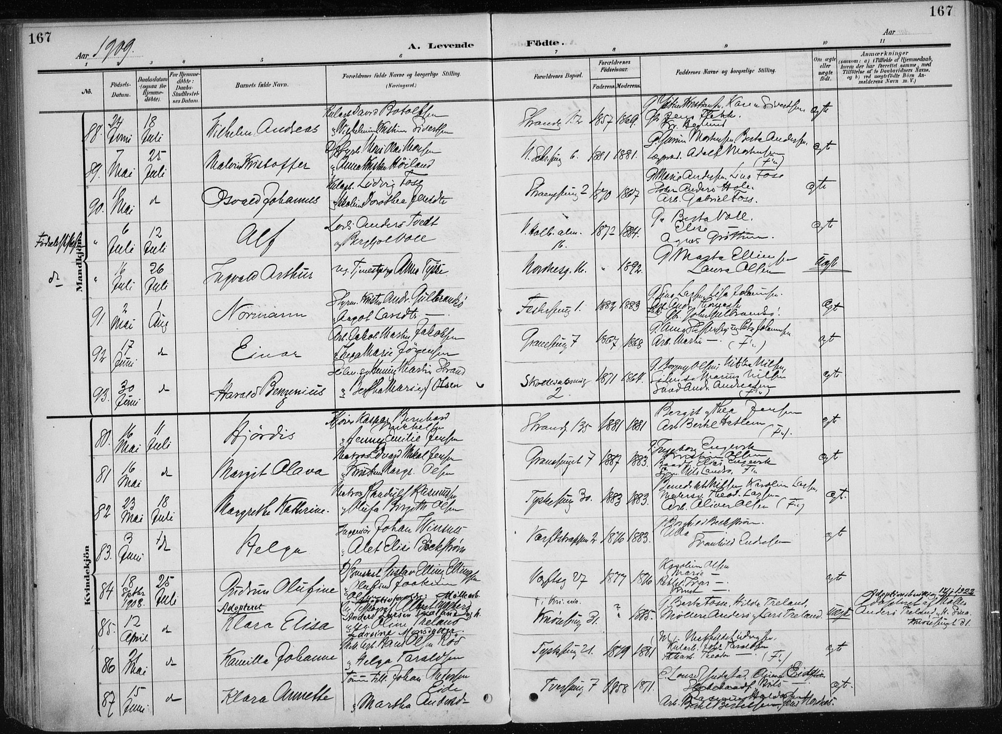 Nykirken Sokneprestembete, SAB/A-77101/H/Haa/L0019: Parish register (official) no. B 7, 1904-1916, p. 167