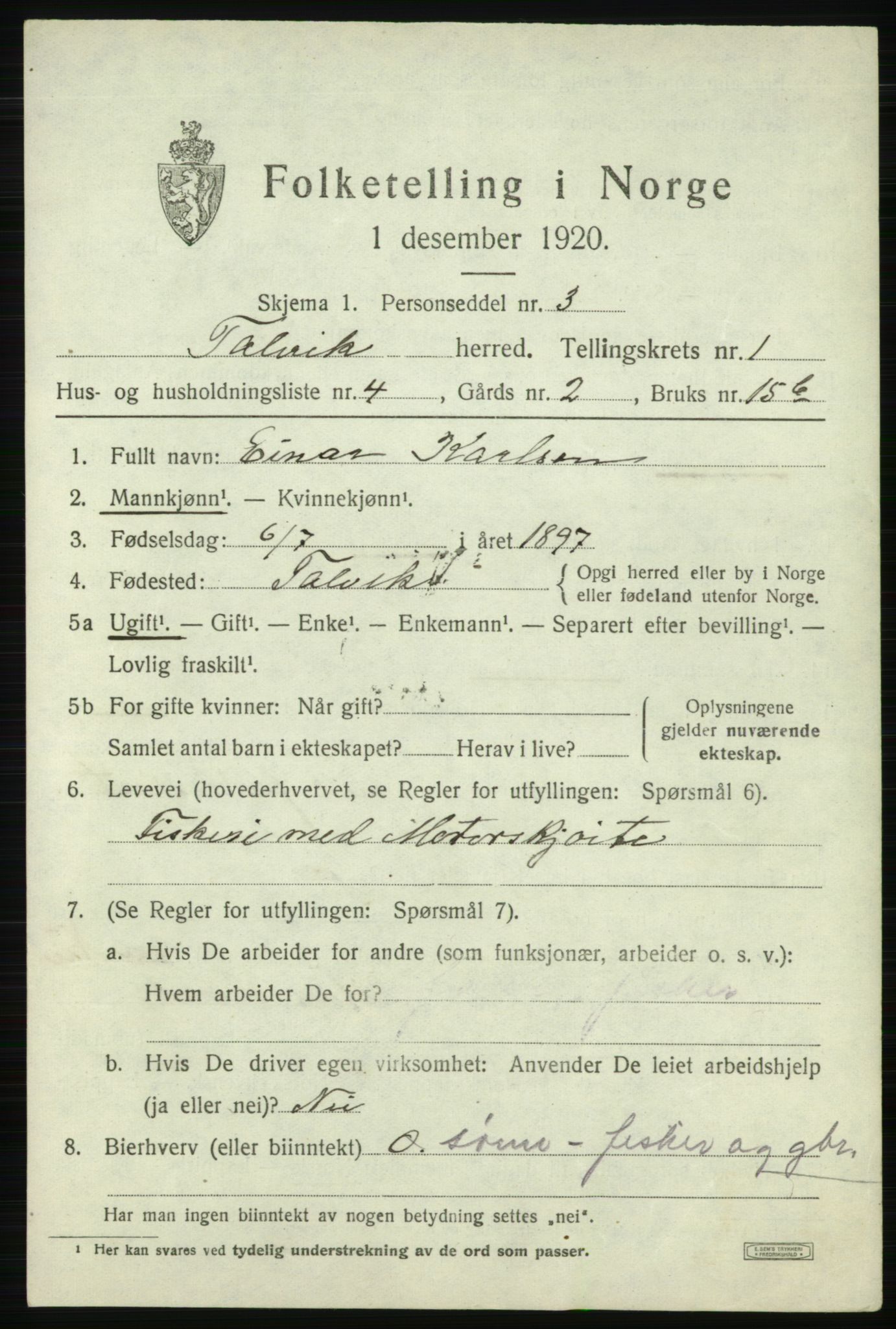 SATØ, 1920 census for Talvik, 1920, p. 1046