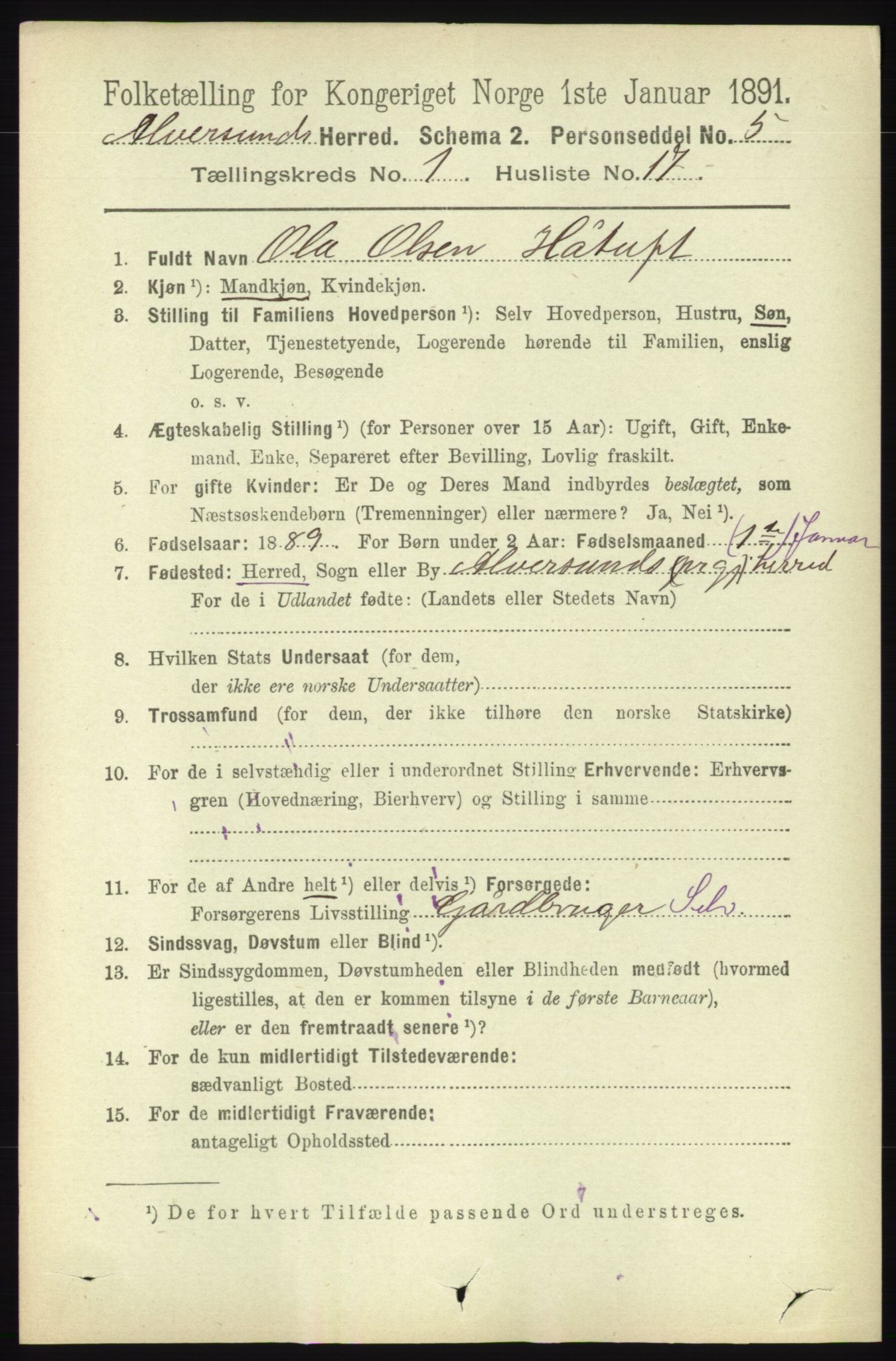 RA, 1891 census for 1257 Alversund, 1891, p. 177