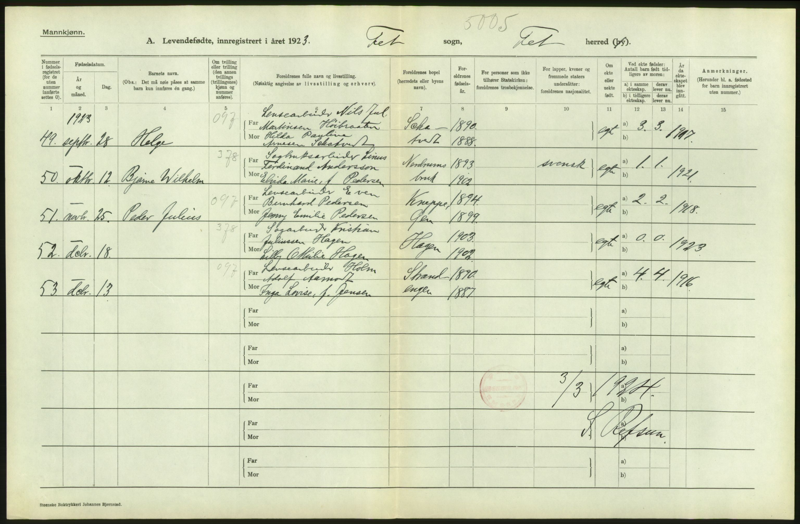 Statistisk sentralbyrå, Sosiodemografiske emner, Befolkning, AV/RA-S-2228/D/Df/Dfc/Dfcc/L0003: Akershus fylke: Levendefødte menn og kvinner. Bygder., 1923, p. 74