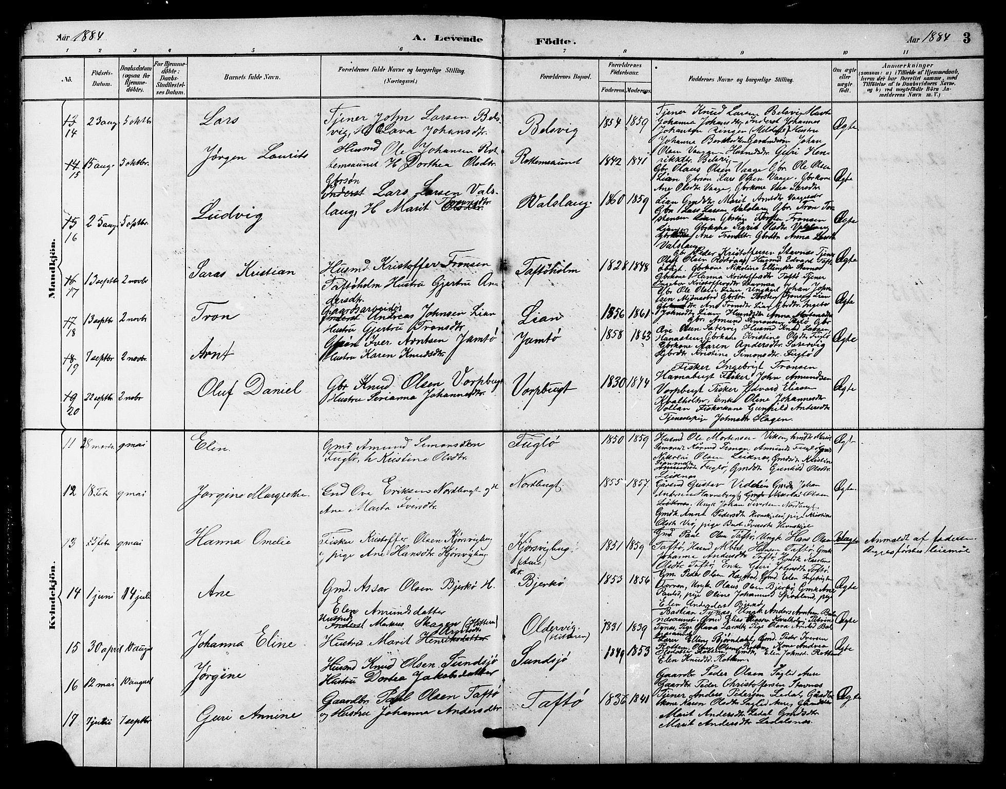 Ministerialprotokoller, klokkerbøker og fødselsregistre - Sør-Trøndelag, SAT/A-1456/633/L0519: Parish register (copy) no. 633C01, 1884-1905, p. 3