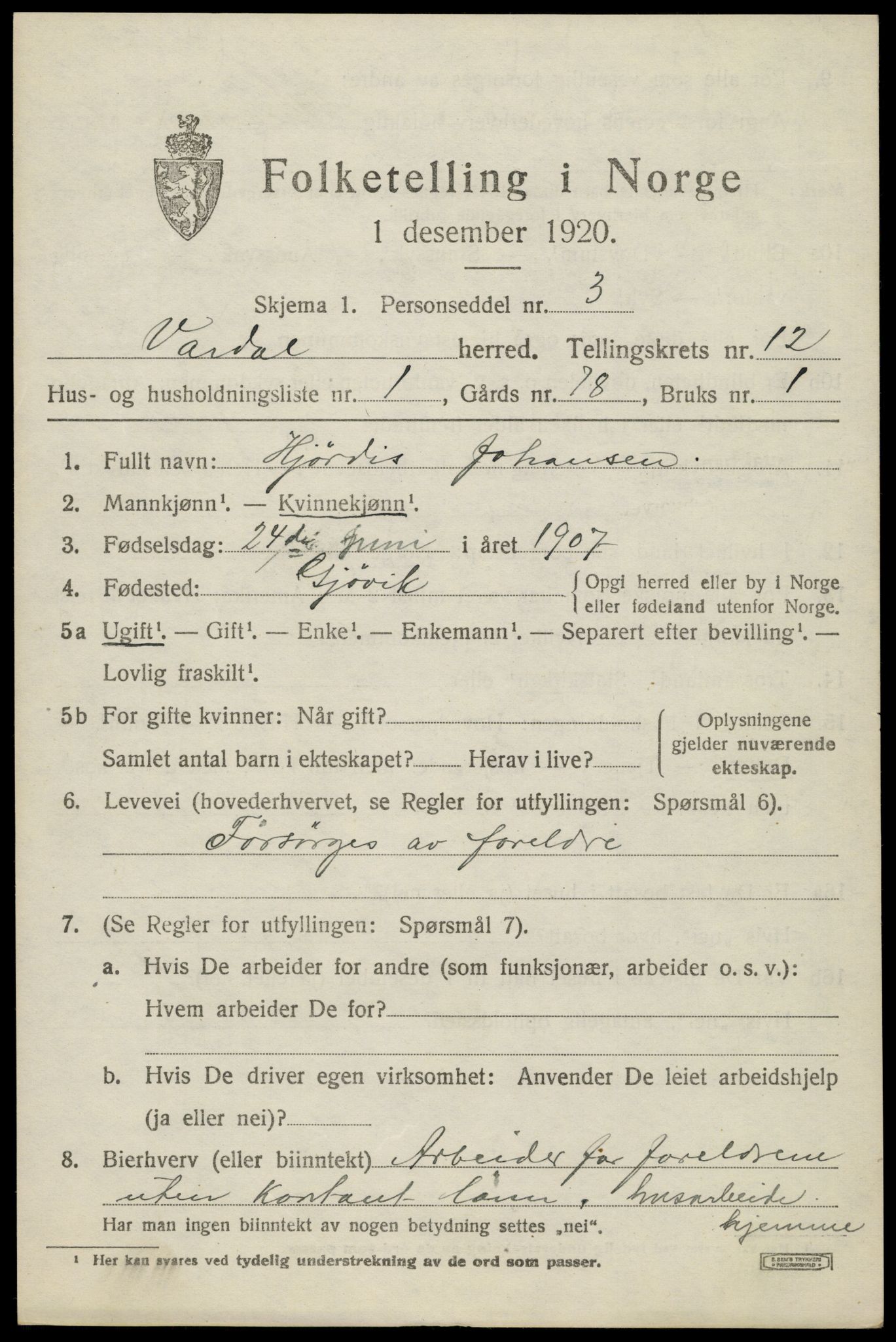 SAH, 1920 census for Vardal, 1920, p. 13139