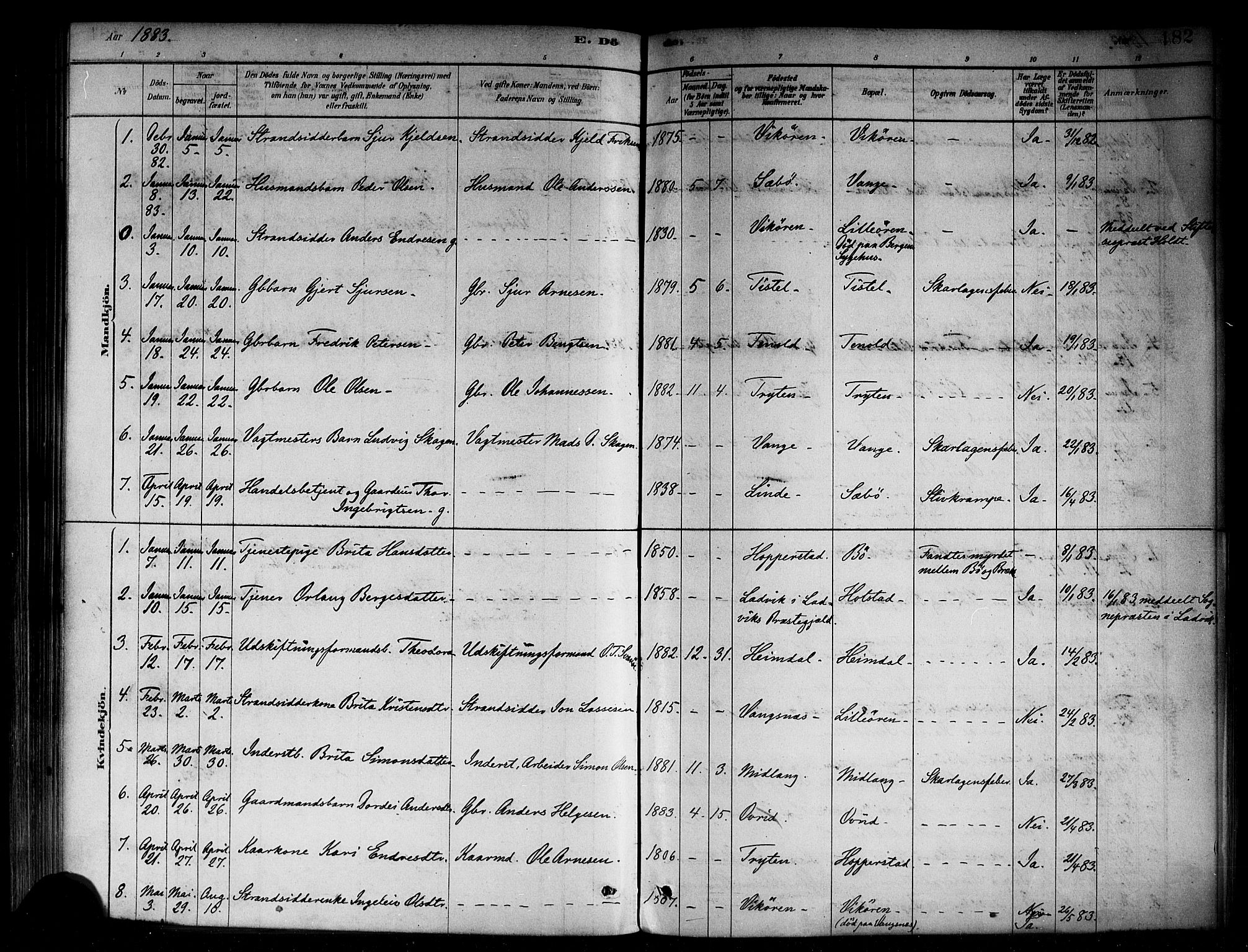 Vik sokneprestembete, SAB/A-81501: Parish register (official) no. B 1, 1878-1890, p. 182