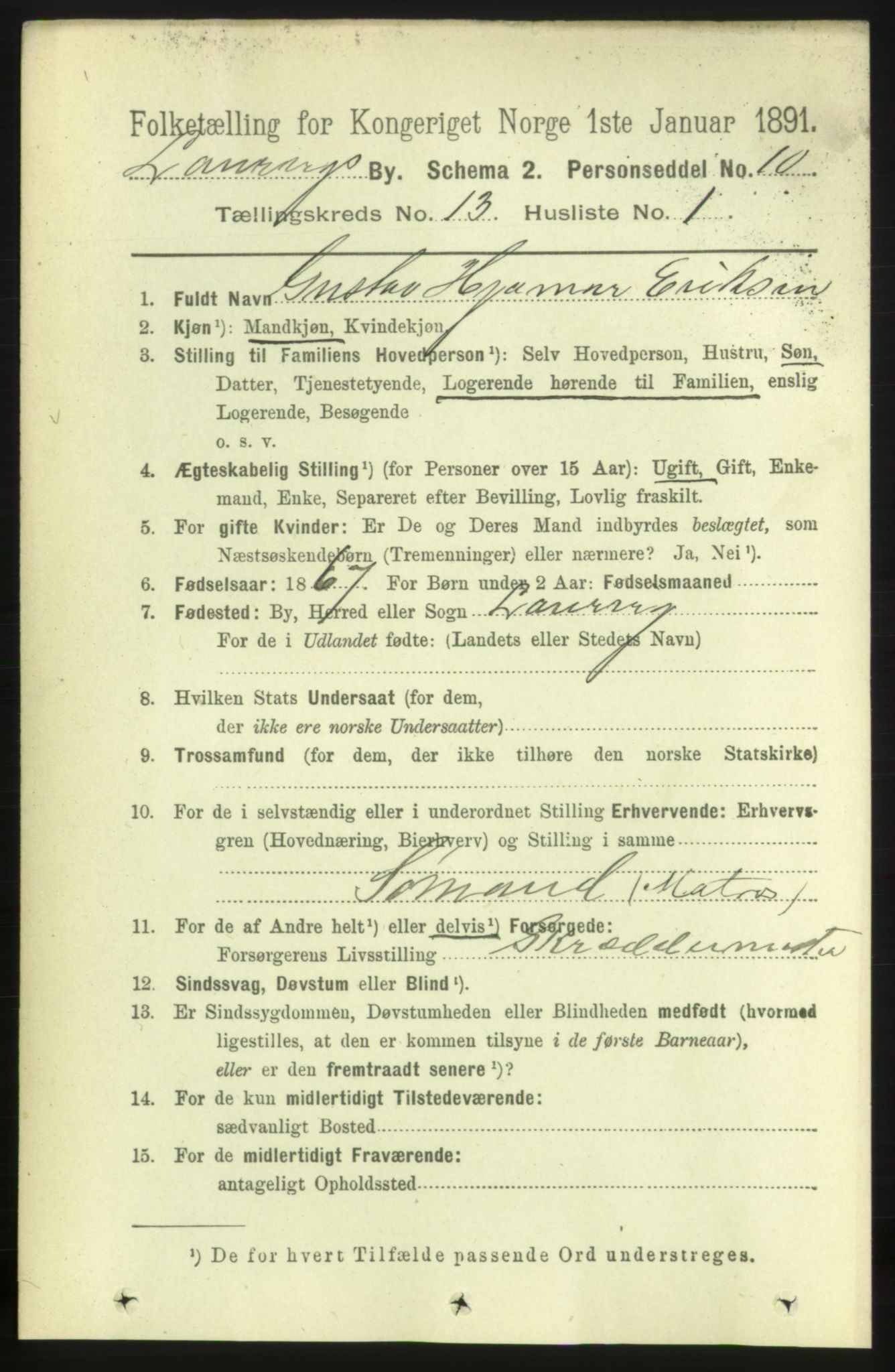 RA, 1891 census for 0707 Larvik, 1891, p. 10494