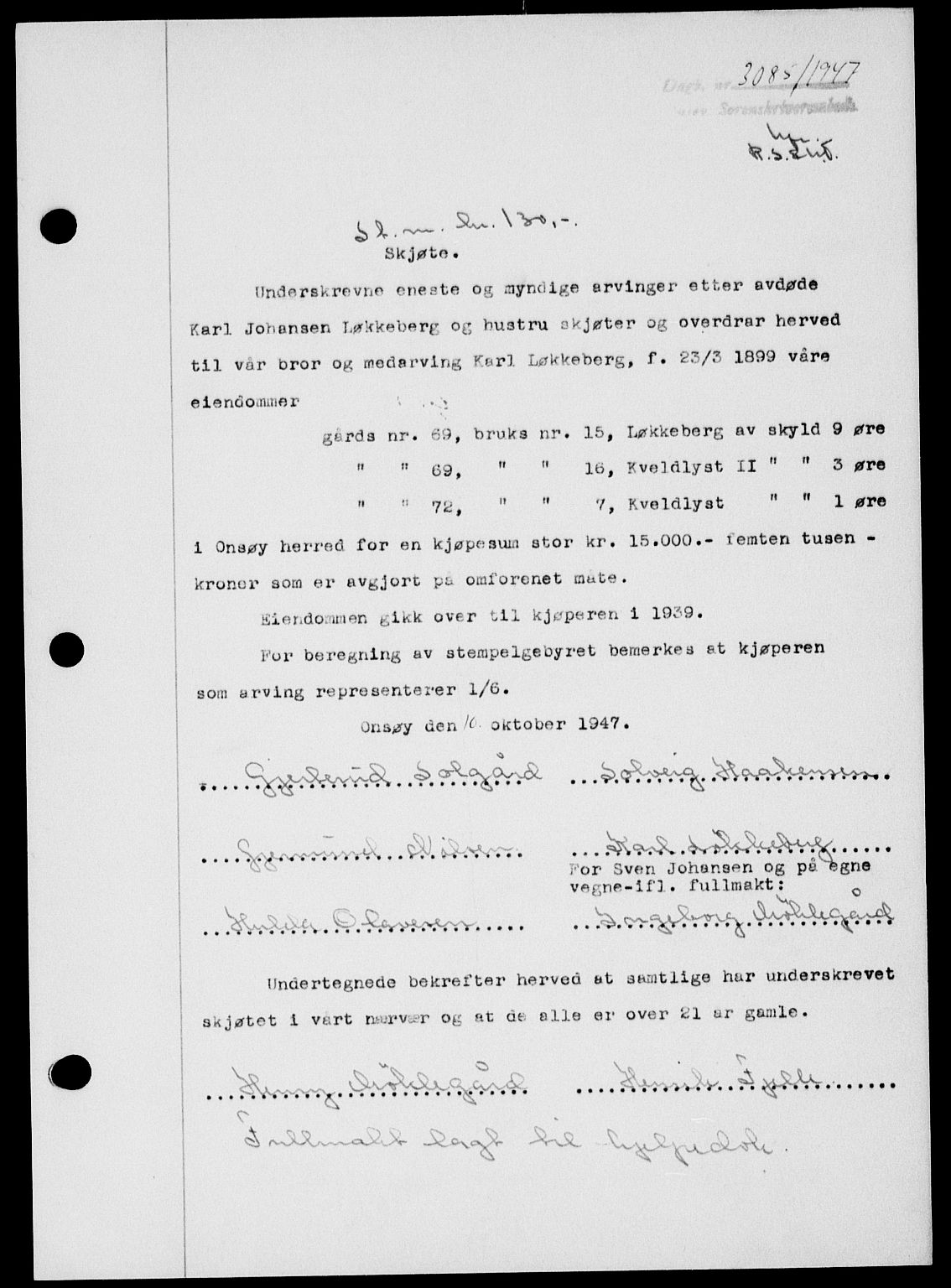 Onsøy sorenskriveri, SAO/A-10474/G/Ga/Gab/L0021: Mortgage book no. II A-21, 1947-1947, Diary no: : 3085/1947