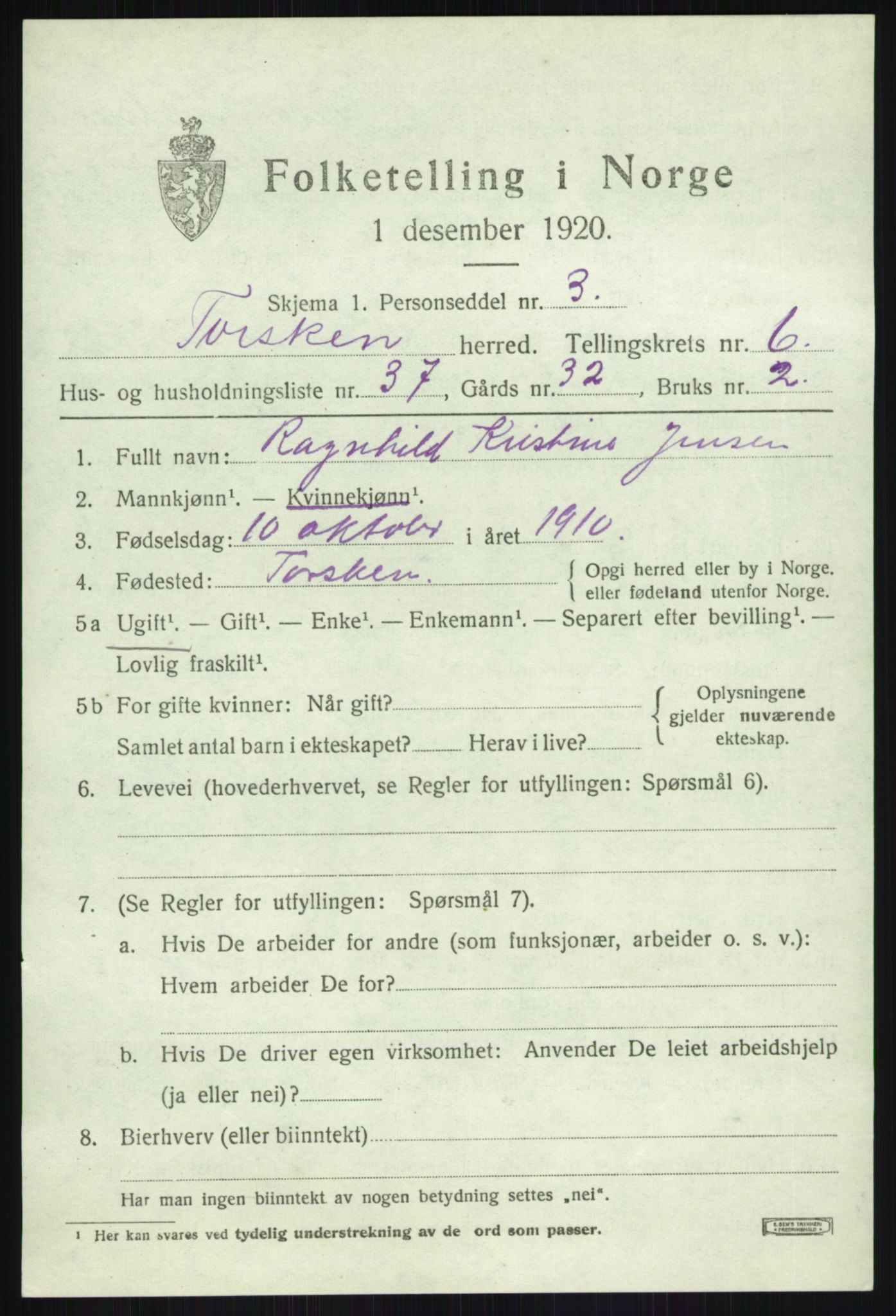 SATØ, 1920 census for Torsken, 1920, p. 2883