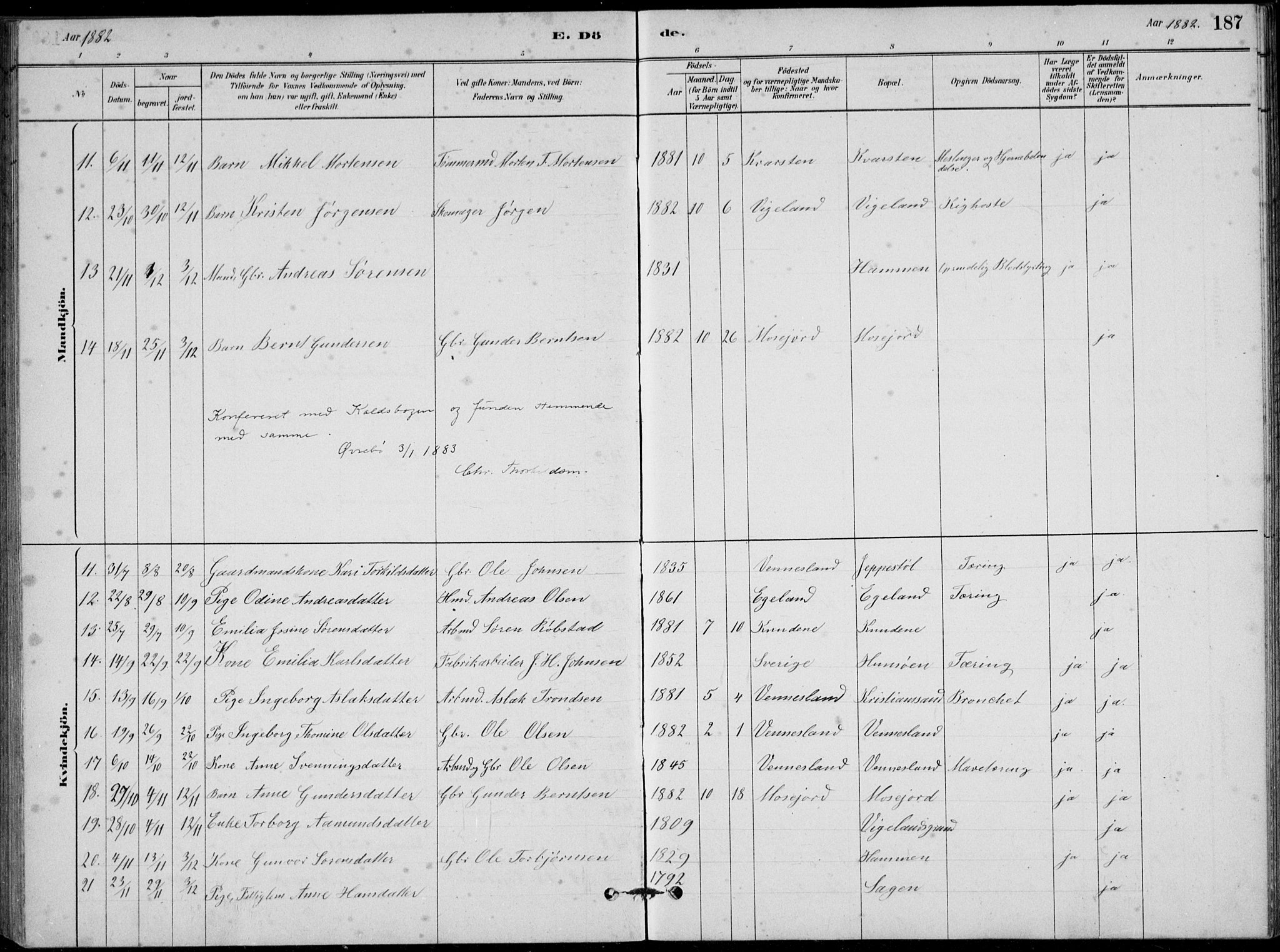 Vennesla sokneprestkontor, AV/SAK-1111-0045/Fb/Fbb/L0003: Parish register (copy) no. B 3, 1879-1893, p. 187