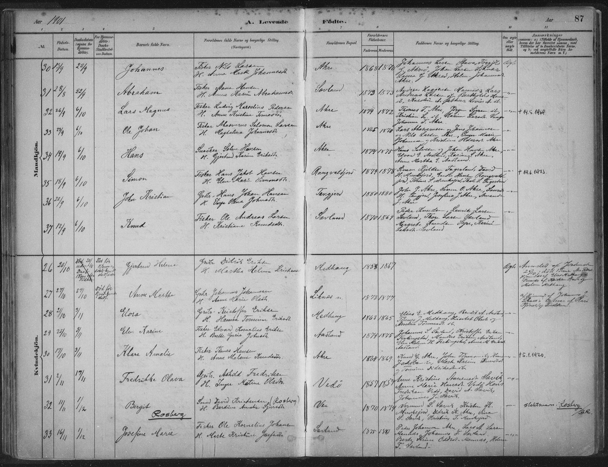 Kopervik sokneprestkontor, AV/SAST-A-101850/H/Ha/Haa/L0004: Parish register (official) no. A 4, 1882-1905, p. 87